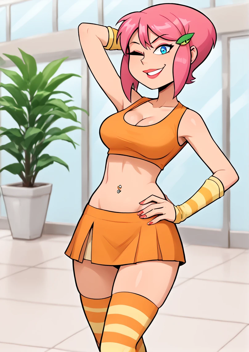 1girl, solo,
score_6, score_7, score_8, score_9,
masterpiece, best quality, highly detailed, eyeliner,
 <lora:Sincerity_Travers:0.8>, blue eyes, pink hair, short hair, side bangs, hair ornament, orange and beige clothes, navel, beige button_shirt, microskirt, jewelry, curvy, skimpy, thighs, beige underwear, cleavage, navel piercing, beige armwarmers, sleeveless, <lora:Fully_Exposed_Stomach:1>  FullyExposedStomach, midriff, sexy pose, 21 year old, hand on hip, hand behind head, mall, indoor, striped stockings, ((winking)),