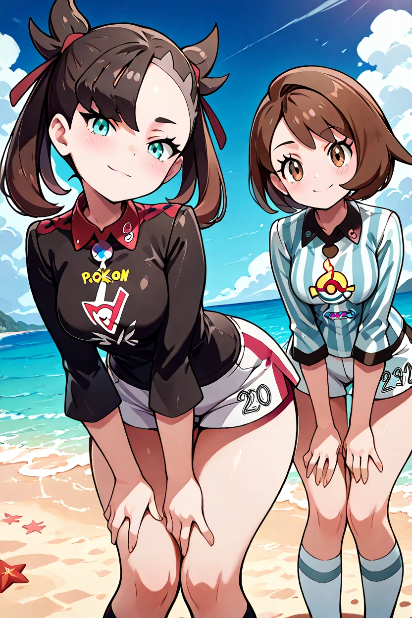 masterpiece, best quality, 32k, high resolution, absurdres, medium breasts, (curvy), cute, eyelashes, vivid colors, BREAK ,,, 2girls, beach, zzMarnie, aqua eyes, red ribbon, black hair, Gloria (pokemon), brown eyes, brown hair, short hair, ,, , gloriaUniform, collared shirt, white socks, white shorts, short shorts, kneehighs, striped shirt, print shirt, vertical stripes, ,, <lora:MarnieGloriaPokemonIXL:1.0>, ,,,,,, smile, looking at viewer, ,,, smile, looking at viewer, leaning forward, head tilt, blush, <lora:CatalystIXL:0.7>, <lora:ZankuroIXLLight_v2:0.6>, <lora:princess_xl_v2:0.3>,
