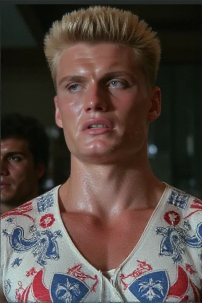 <lora:Ivan Drago:0.9>  ivan drago, a muscular man wears a usa pattern shirt, closeup face portrait