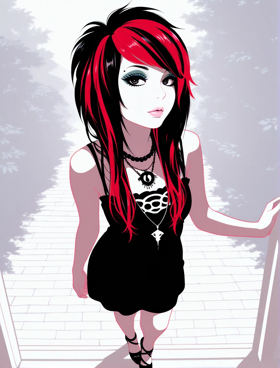 Masterpiece,best quality,1girl,long hair,solo,vector art,full body,lineart,limited color palette,
with a edgScene hairstyle,black hair, dress, bare shoulders, jewelry, red hair, streaked hair,multicolored hair, necklace, lips, makeup, piercing, eyeshadow, 
 <lora:edgSceneILS:1>