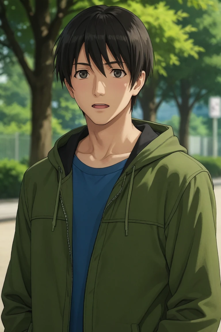 score_9, score_8_up, score_7_up, source_anime, rating_safe, , (realistic:0.6), , depth of field, 1boy, solo, male focus, , ,<lora:junichi:0.95>,junichi tachibana,black hair,black eyes,bangs,short hair,hair between eyes,open mouth, shirt,blue shirt, jacket, collarbone, upper body, outdoors, grey hood, blurry, green hoodie, blurry background, hood down,view from side , , , <lora:sdxl_lightning_8step_lora_315544:1>