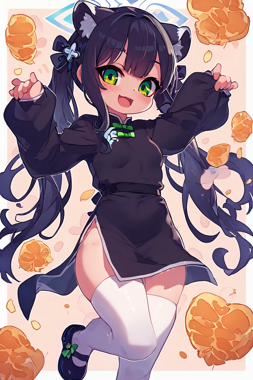 score_9, score_8_up, score_8, medium breasts, (curvy), cute, eyelashes,       BREAK, , ,,,  zzShun, green eyes, black hair, blunt bangs, long hair, animal ears, tiger ears, halo, animal ear fluff, twintails, tiger girl, extra ears, black dress, black footwear, china dress, shoes, short sleeves, white thighhighs,  <lora:Shun_BlueArchive_PDXL_v2:0.8>,  ,,,  , BREAK, smile, looking at viewer, cowboy shot, ,,, embedding:zPDXL, Expressiveh, ,,, <lora:Zankuro_Style_PDXL:0.8> <lora:SDXLFaeTastic2400:0.5>, <lora:Expressive_H-000001:0.4>,