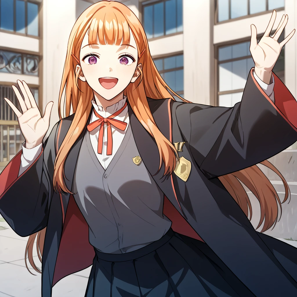 1girl, solo, sharelle, long hair, blunt bangs, bangs, orange hair, purple eyes, ribbon, red hairclip, neck ribbon, black jacket, red ribbon, black robe, white shirt, school uniform, grey vest, black skirt, thighs, long skirt, 
looking at viewer, smile, open mouth, cowboy shot, waving, arms up, 
score_9, score_8_up, score_7_up, masterpiece,zPDXL3, outdoors, 
 <lora:Sharelle:0.85>