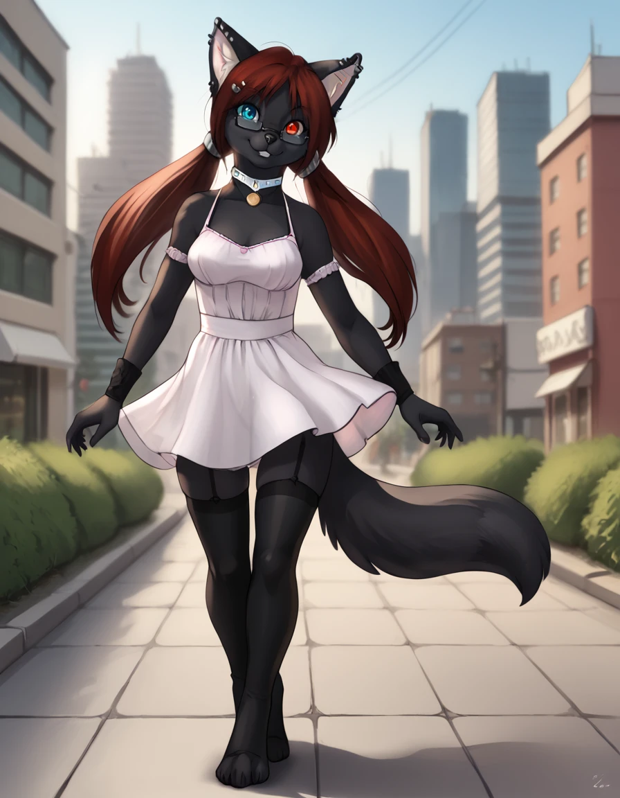 outdoors,detailed background,city,
Sherly_Karu,1girl,solo,animal ears,furry female,red hair,long hair,heterochromia,black fur,glasses,twintails,blue eyes,red eyes,piercing,collar,body fur,cat ears,animal nose,
full body,seductive smile,happy,
pink sundress, thighhighs, walking, 
<lora:Sherly_Karu_v01_PDXL:1>,