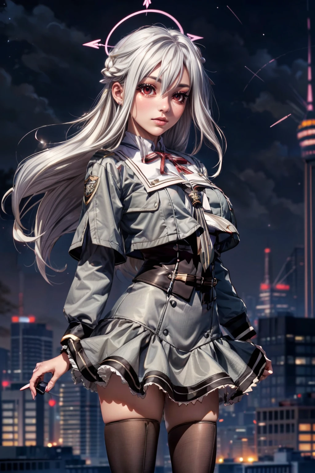 (ultra realistic,32k, masterpiece:1.2),(high detailed skin:1.1),( high quality:1.1), <lora:IllyasvielVonEinzbern_v1:0.7>, zzIllya, looking at viewer, night, outdoors, sky, BREAK,   <lora:Suzumi_BlueArchive_Citron:0.8>, zzSuzumi, long hair, halo, red eyes, hair between eyes, wings, head wings, white hair, grey hair, single head wing, very long hair, ,neck ribbon , black thighhighs, long sleeves, school uniform, grey skirt, shirt, brown footwear, loafers, grey jacket, standing  ,BREAK,  blooming stars, luminescent petals, otherworldly fragrance blurry background, (looking at viewer, standing:1.1), huge breast, large breast, <lora:add_detail:0.92>, (glowwave:1.1),