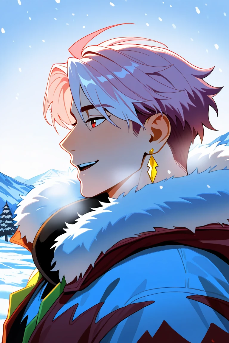 day, natural lighting, winter theme, snow, snowing, snowflakes, mountain, breath, male focus, leaning back, looking away, smiling, expressive face, SPFredrinnML, red_SPFredrinnML_eyes, pink_SPFredrinnML_male hair, gold_SPFredrinnML_earrings, open mouth, winter clothes, fur trim, 1boy, blurry outdoors, scenery, from side, from below, intricately detailed illustration, masterpiece,best quality,amazing quality,very aesthetic,absurdres,newest