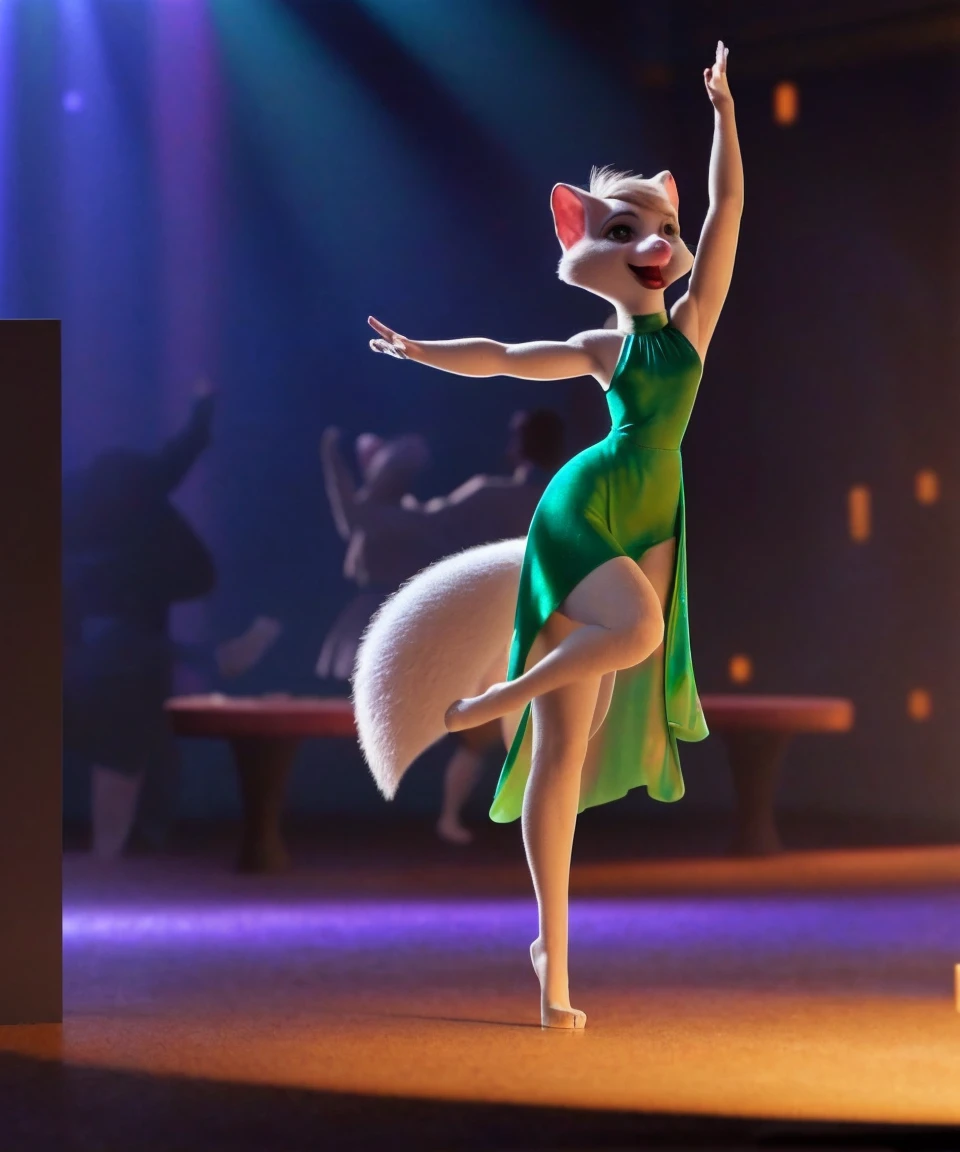 solo, sawyer, female, brown eyes, lipstick, green dress, open smile, dancing, spread arms, detailed background, night club, by Picturd,by miles df,by winter nacht, <lora:Sawyer_01-Yiffymix-nd032-ep36:1>