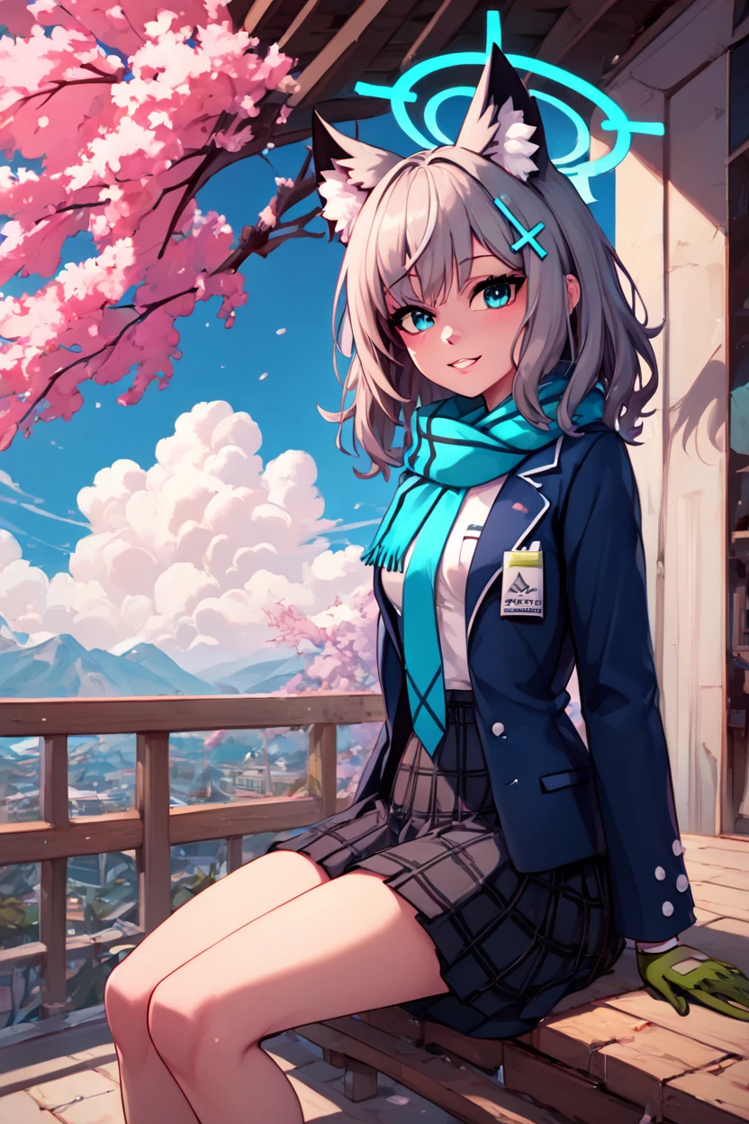 score_9, score_8_up, score_8, medium breasts, (curvy), cute, eyelashes,       BREAK, , ,,,  zzShiroko, blue eyes, animal ears, grey hair, wolf ears, animal ear fluff,  halo, hair ornament, cross hair ornament, mismatched pupils, extra ears, medium hair, blazer, blue scarf, long sleeves, open jacket, pleated skirt, school uniform, solo, blue jacket, blue necktie, hair between eyes, parted lips, plaid skirt, white shirt, black skirt, green gloves, <lora:Shiroko_BlueArchive_PDXL:1.0>,  ,,,  , BREAK, sitting on bench, side view, smile, looking at viewer, cowboy shot,  ,,, BREAK, pnkBldng, sky, day, cloud, tree, blue sky, building, architecture, east asian architecture,  ,,, BREAK, embedding:zPDXL, Expressiveh,  ,,, <lora:PinkBuildingsPDXL_v2:0.6>, <lora:SDXLFaeTastic2400:0.5>, <lora:Expressive_H-000001:0.4>