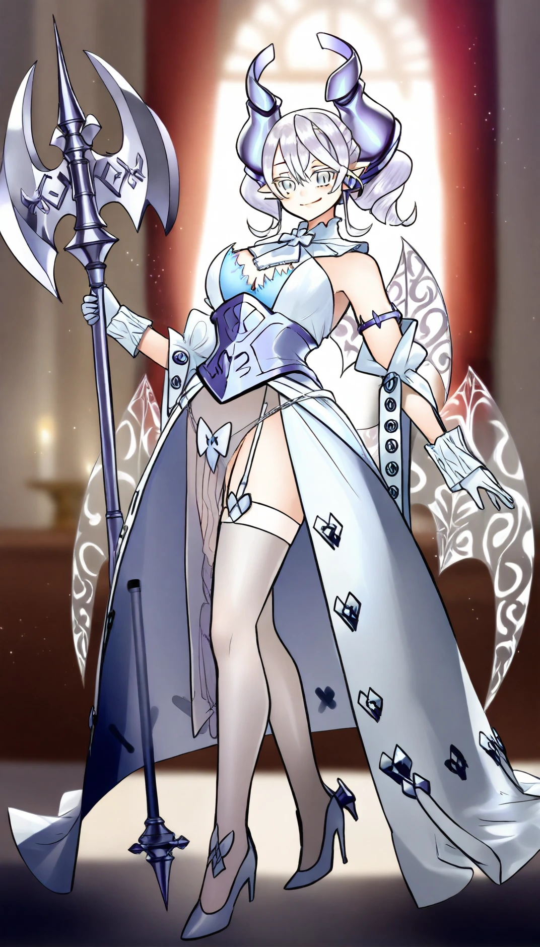 <lora:labrynth:1>,
masterpiece,high quality,
silvercastlelabrynth,
1girl,solo,
white hair,bangs,twintails,pointy ears,
white eyes,white eyelashes,looking at viewer,smile,
horns,white collar,corset dress,white gloves,armlet,wings,
detached sleeves,see through underskirt,wings,
white garter stockings,white high heels,
full body standing,holding great axe,
blurry background,depth of field,indoors,castle,window,curtains,light particles,soft lighting,