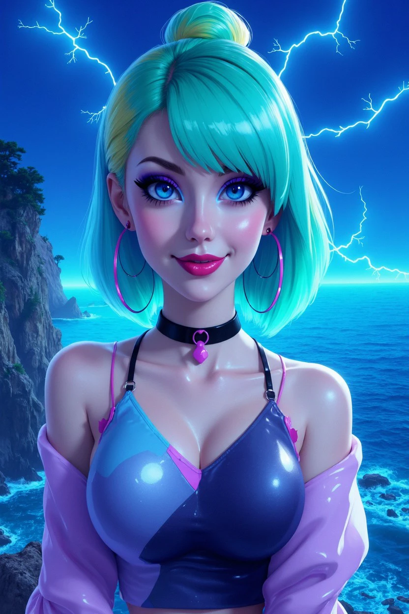 hocoma style, standing, woman with colorful dark green hair,
realistic woman, very sexy smile, high quality, at background A lonely coast battered by a nocturnal thunderstorm, with lightning illuminating cliffs and the turbulent sea, and rain creating fleeting, ghostly waterfalls off the steep edges.  
<lora:jiana_nyx_dreamy_angel_hocoma_style:0.8>