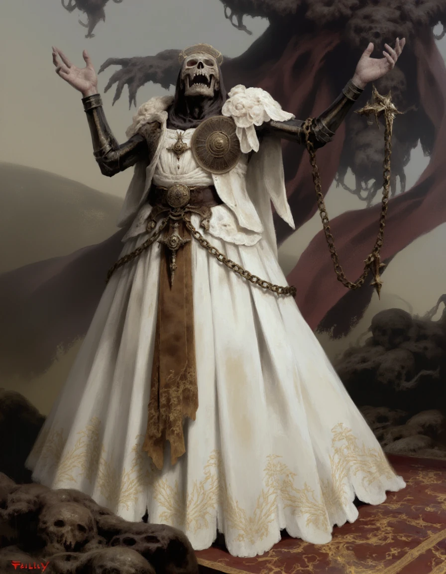 fantasy painting of an evil male lich in an opulent but worn out white baroque dress with tan and brown accents and a crinoline. an undead skeleton necromancer holding a magic scepter. A grimoire hangs chained to his leather belt. evil laughter. he's wearing a, jewelry, metal pauldrons. skeleton hands.
<lora:A_Dismal_Style:1> dismal, digital painting, concept art,