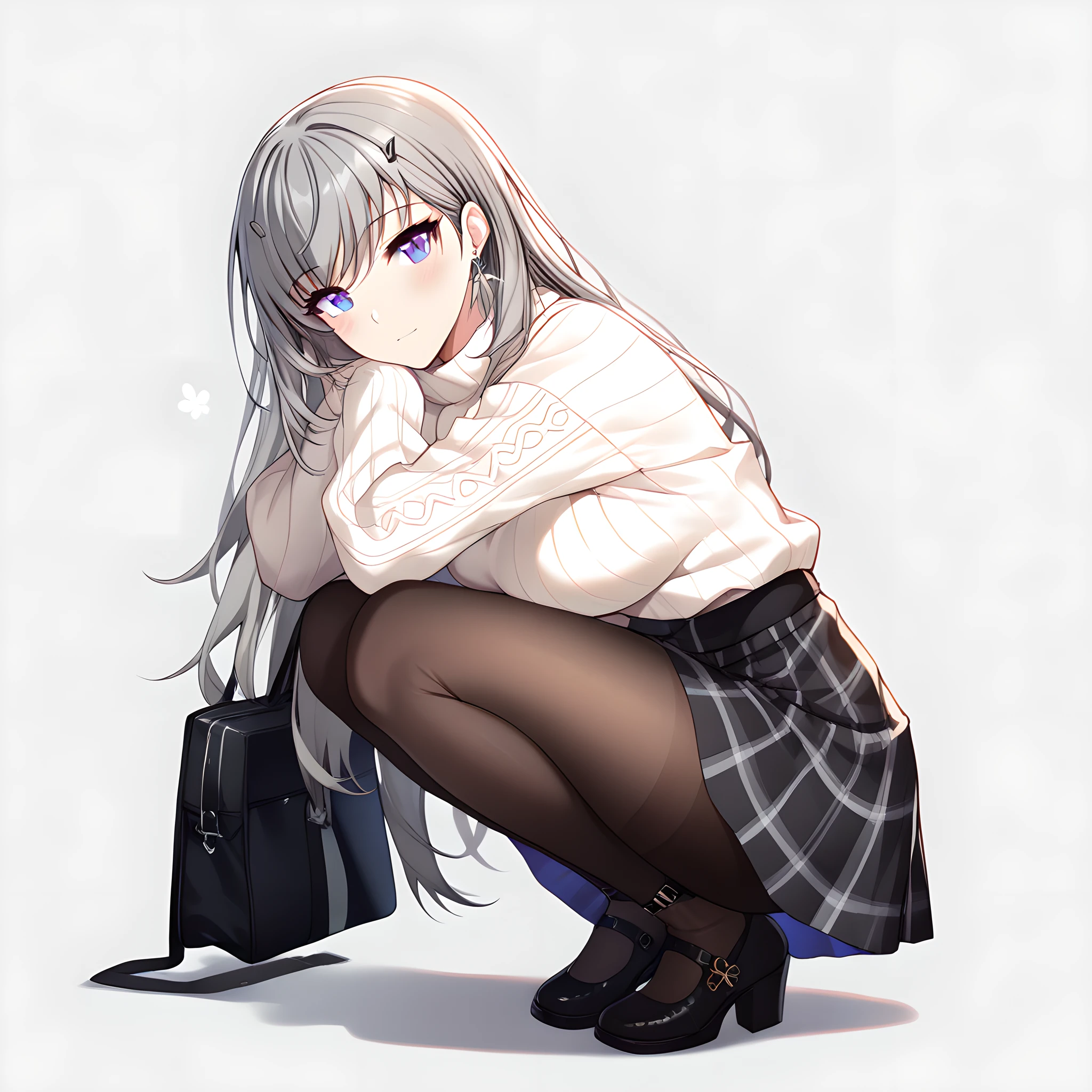 seo_yoon, 1girl, solo, skirt, pantyhose, sweater, long hair, bag, jewelry, blue eyes, looking at viewer, squatting, grey hair, black footwear, simple background, white background, plaid, alterform, casualoutfit <lora:SeoYoonIllustXL:1>, (masterpiece),(best quality),(ultra-detailed),(best illustration),(best shadow),(absurdres),(detailed background),(very aesthetic),