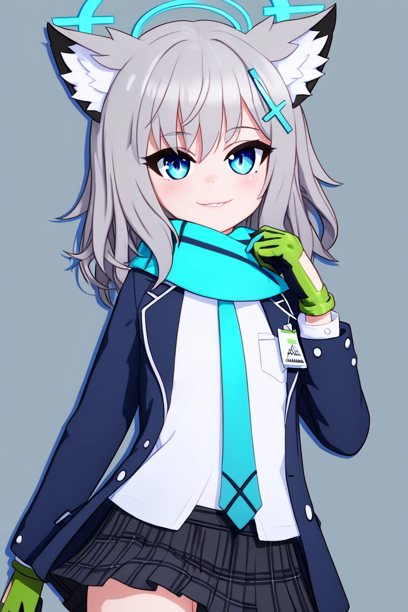 score_9, score_8_up, score_8, medium breasts, (curvy), cute, eyelashes,       BREAK, , ,,,  zzShiroko, blue eyes, animal ears, grey hair, wolf ears, animal ear fluff,  halo, hair ornament, cross hair ornament, mismatched pupils, extra ears, medium hair, blazer, blue scarf, long sleeves, open jacket, pleated skirt, school uniform, solo, blue jacket, blue necktie, hair between eyes, parted lips, plaid skirt, white shirt, black skirt, green gloves, <lora:Shiroko_BlueArchive_PDXL:1.0>,  ,,,  , BREAK, smile, closed mouth, looking at viewer, cowboy shot,  ,,, embedding:zPDXL, Expressiveh, ,,, <lora:MantisStyle_PDXL_v2:0.8>, <lora:SDXLFaeTastic2400:0.5>, <lora:Expressive_H-000001:0.4>,