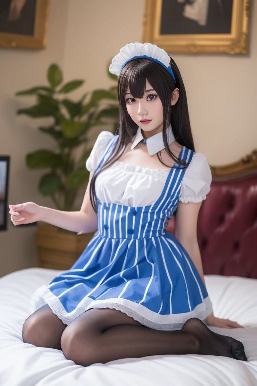 masterpiece, photo realistic, (Light blue maid clothes:1.5), Lying on your back in bed、light brown hair、detailedeyes、Detailed nose、Detailed tongue、lickling lips、Huge twintails, Curl inside, Short hair, Skirt lift 、white knee highs、zettai ryouiki、Missionary position, Spread legs, legs up,Showing ,(The shape of the pubic area is clearly visible)、(Colorless pee blows out:1.8),(femaleejaculation:1.2),Bukkake、Not wearing underwear、cum in clothes, cum on tongue