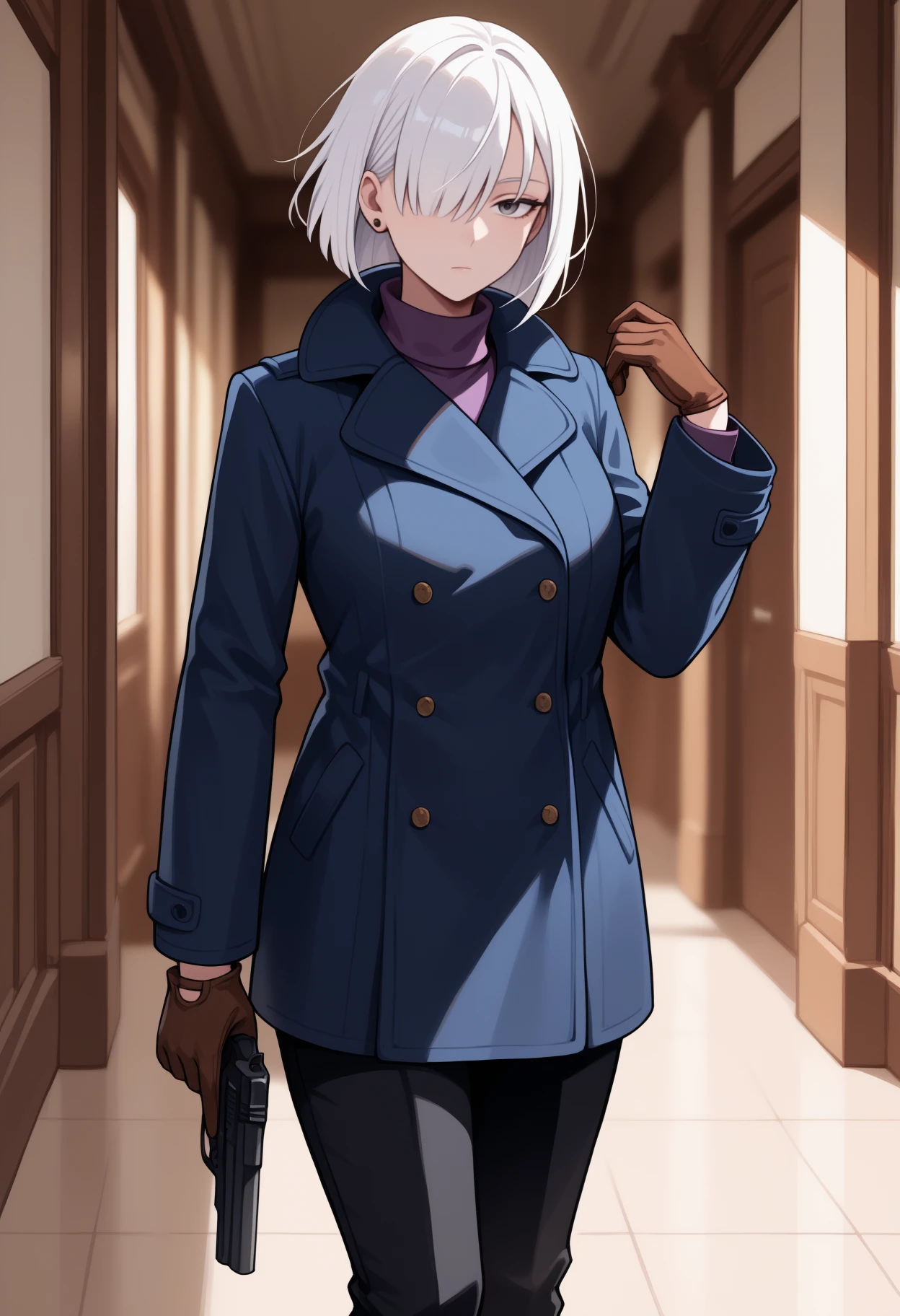 masterpiece, best quality, <break> solo, 1girl, fionadef, expressionless, looking at viewer, holding gun, handgun, hand up, short hair, white hair, hair over one eye, grey eyes, blue coat, long sleeves, purple sweater, turtleneck sweater, brown gloves, black pants, earrings, indoors, hallway
<segment:yolo-Anzhc Face seg 640 v2 y8n.pt,0.4,0.5//cid=1>