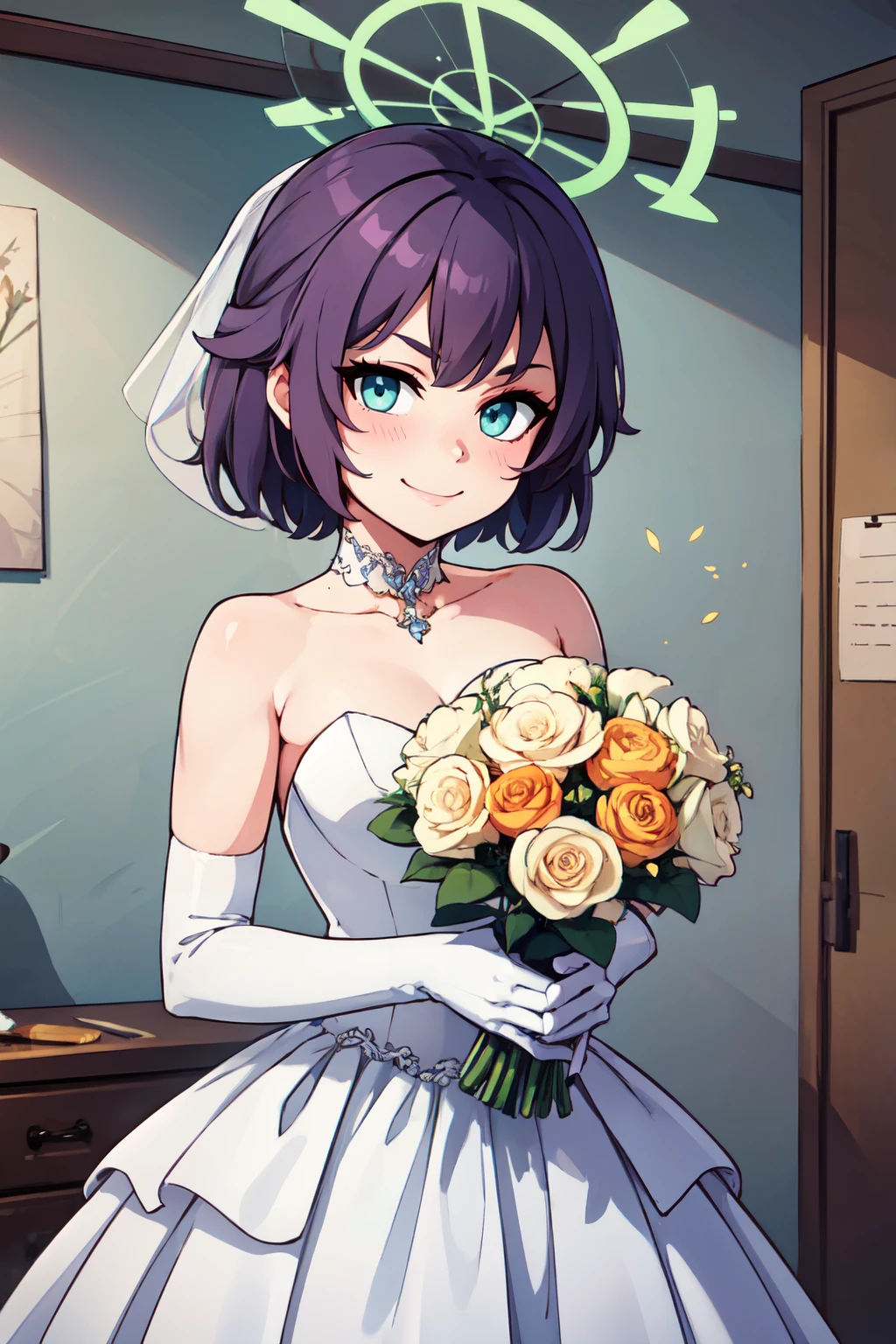 ((masterpiece,best quality)), absurdres,  BREAK, , <lora:Saki_BlueArchive_Citron:0.8>,, zzSaki, short hair, halo, purple hair, blue eyes, green halo, black hair, green eyes, BREAK, bride, wedding dress, bridal veil, strapless dress, elbow gloves, holding bouquet,, BREAK, solo, smile, looking at viewer, cowboy shot,