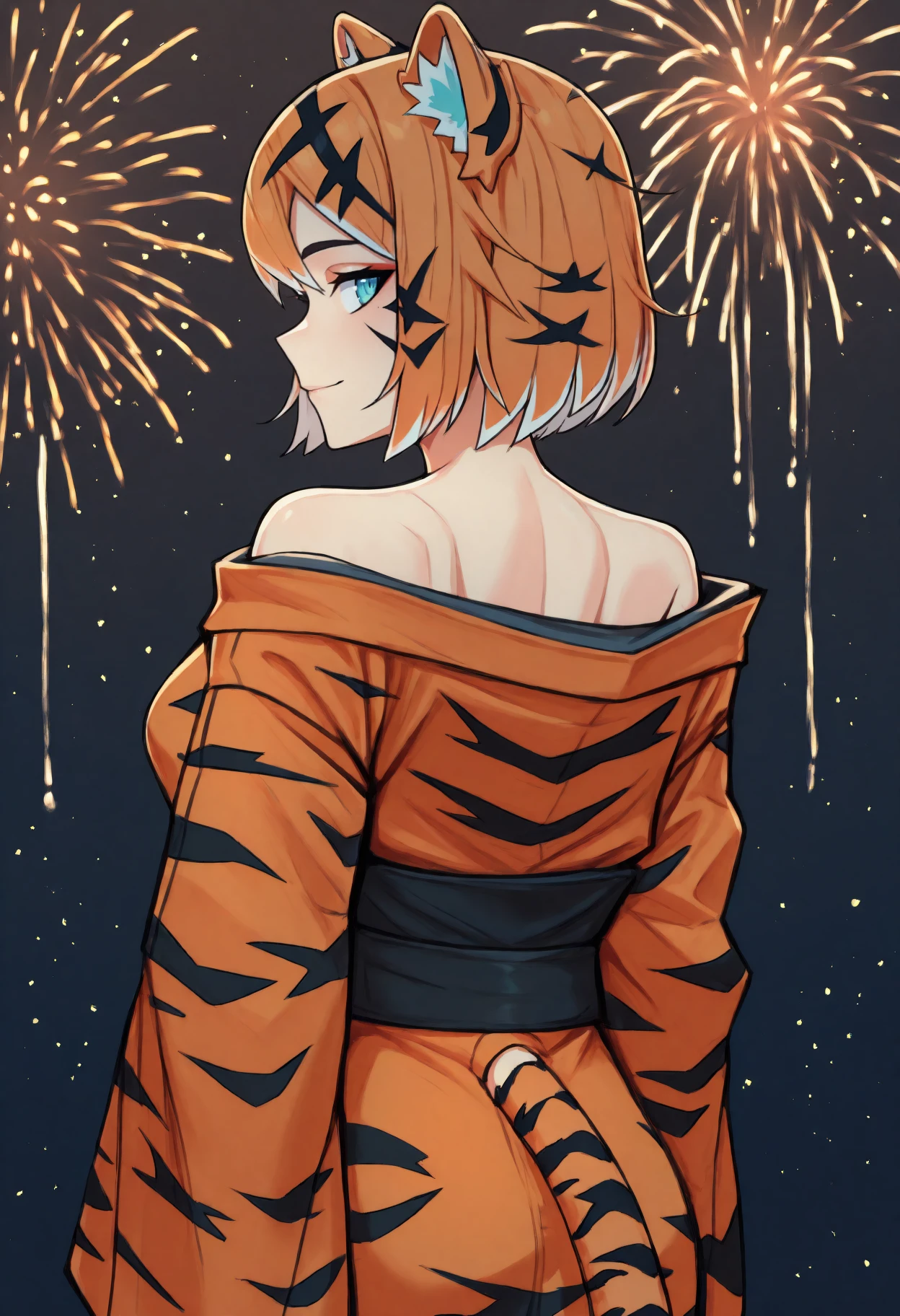 anime, masterpiece, best quality, <break> from behind, solo, 1girl, va1erie, tiger tail, slight smile, closed mouth, looking back, short hair, streaked hair, orange hair, white hair, black hair, tiger ears, blue eyes, japanese clothes, orange kimono, tiger print, print kimono, off shoulder, black sash, bare shoulders, fireworks
<segment:yolo-Anzhc Face seg 640 v2 y8n.pt,0.4,0.5//cid=1>