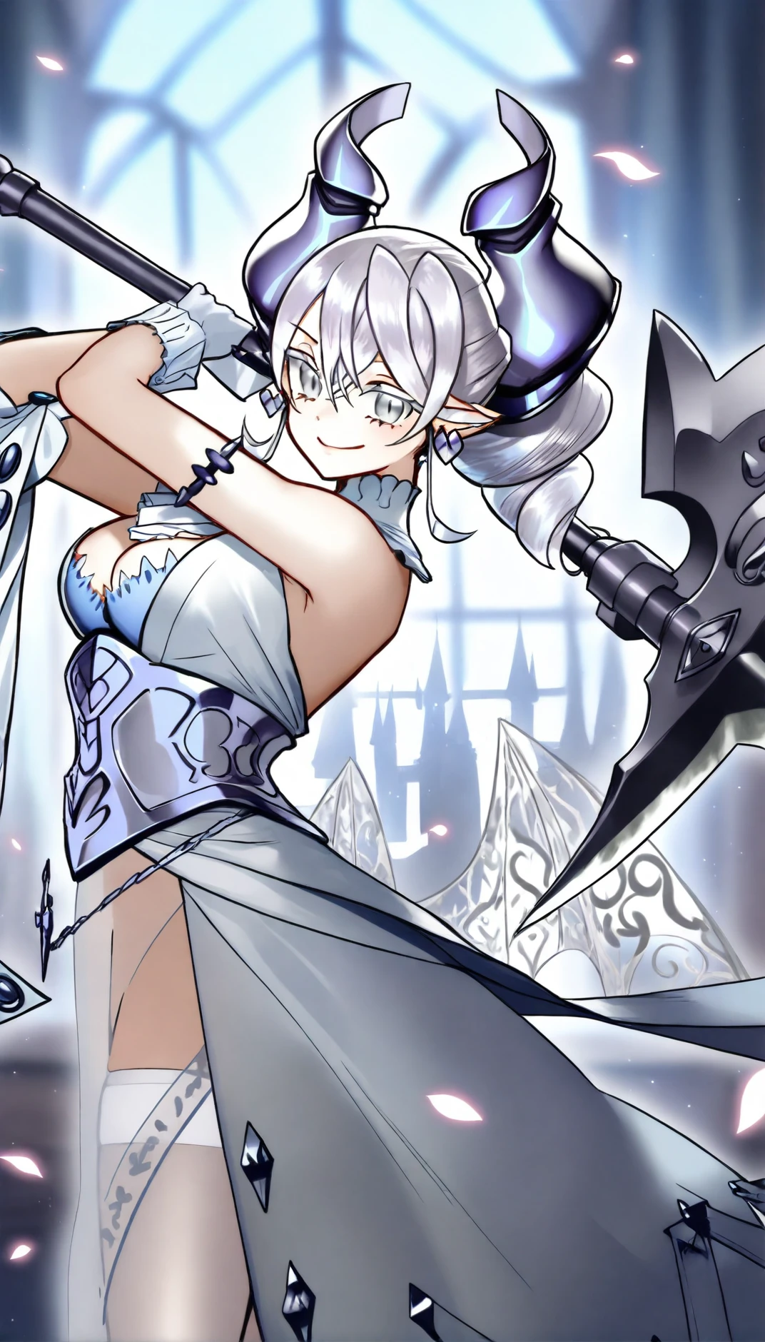 <lora:labrynth:1>,
masterpiece,high quality,
silvercastlelabrynth,
1girl,solo,
white hair,bangs,twintails,pointy ears,
white eyes,white eyelashes,looking at viewer,smile,
horns,white collar,corset dress,white gloves,armlet,wings,
detached sleeves,see through underskirt,wings,
white garter stockings,
cowboy shot,(swinging axe:1.4),dynamic pose,
blurry background,depth of field,indoors,castle,window,curtains,light particles,soft lighting,falling petals,