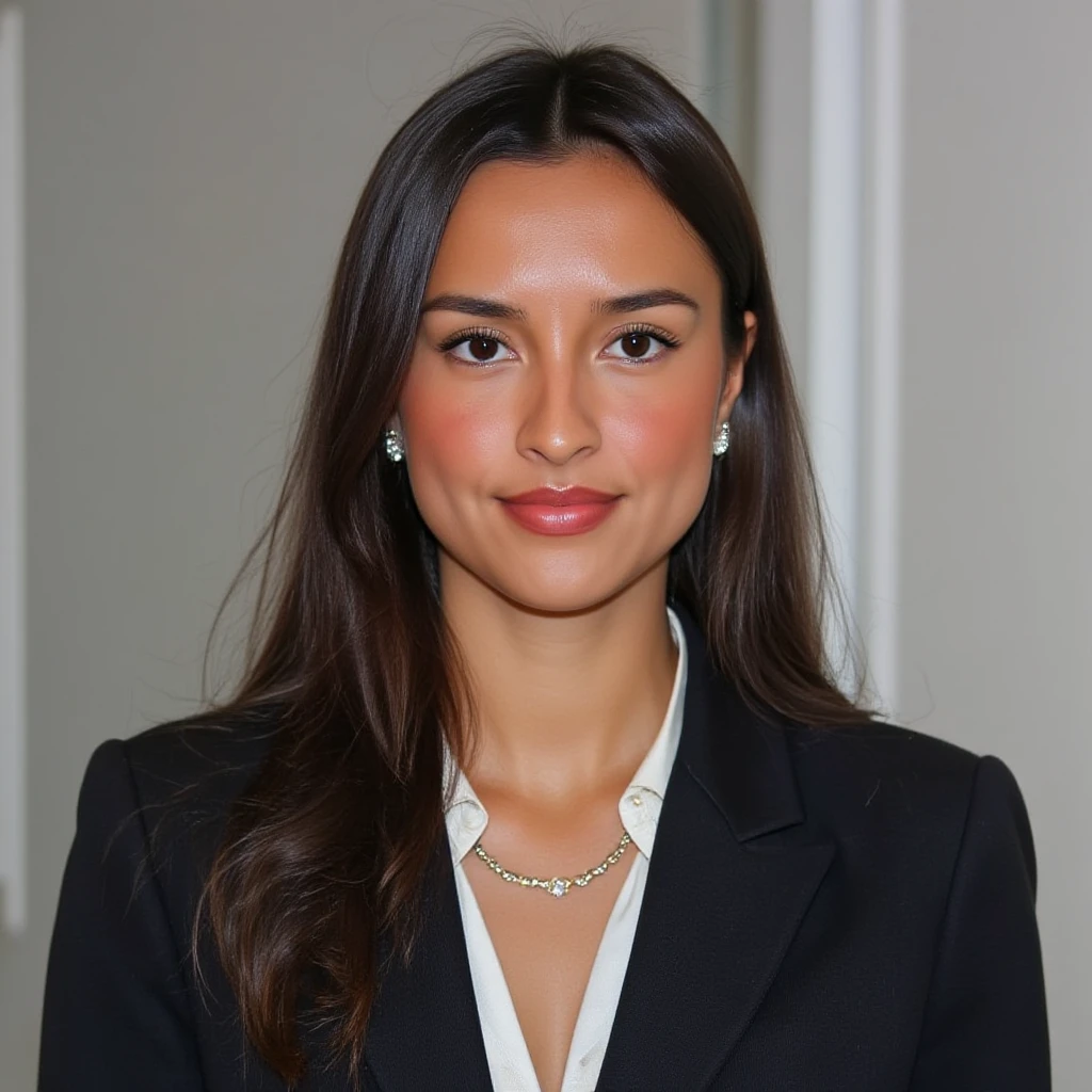 High quality passport photo of a woman wearing a suit and tie looking directly at the camera with her mouth closed and a neutral expression. She is also wearing a delicate gold chain and some understated diamond earrings., ,<lora:alexsaintmleux_local_merger_27_46_47_03_04_03:1>