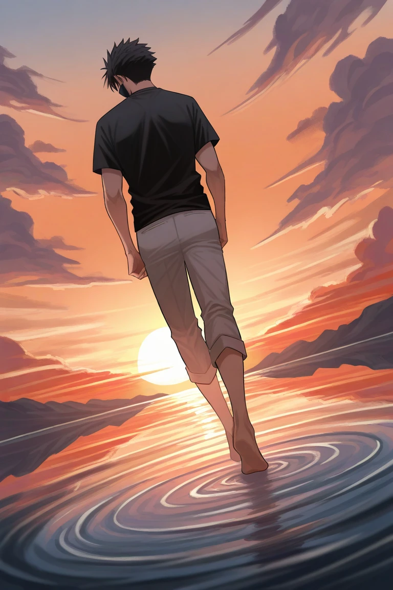 afternoon, sunset, orange sky, natural lighting, water ripples, surreal, masked male focus, full body, walking on water, looking away, HayabusaML, red_HayabusaML_eyes, black_HayabusaML_spiked hair, mask, shirt, pants, casual clothes, barefoot, 1masked male, blurry outdoors, sky, cloud, ghibli background, from behind, from below, dutch angle, intricately detailed illustration, masterpiece, best quality, amazing quality, very aesthetic, absurdres, newest