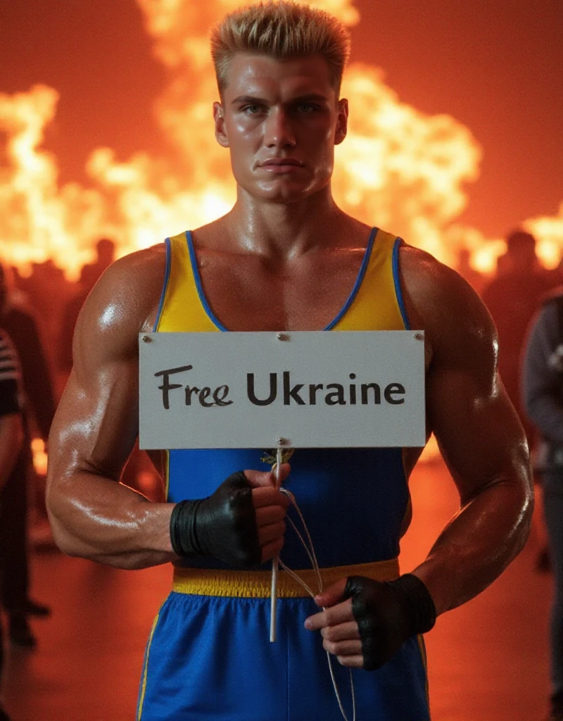 <lora:Ivan Drago:0.9> ivan drago, a muscular man facing the viewer. he wears a blue and yellow tracksuit and holds a sign "Free Ukraine" standing a red square on fire, moscow.