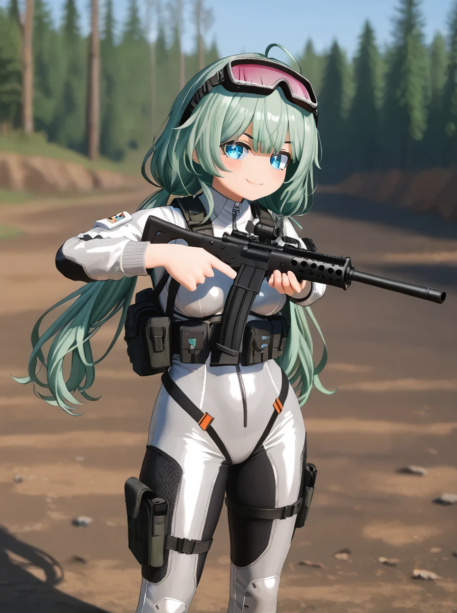 detailed background, shiny skin, posing, rating safe,
<lora:nanako.pony:1>,
nanako,
medium breasts, 
battle suit, 
 twintails, green hair, 
holding rifle, tactical goggles, aiming viewer, smirk,