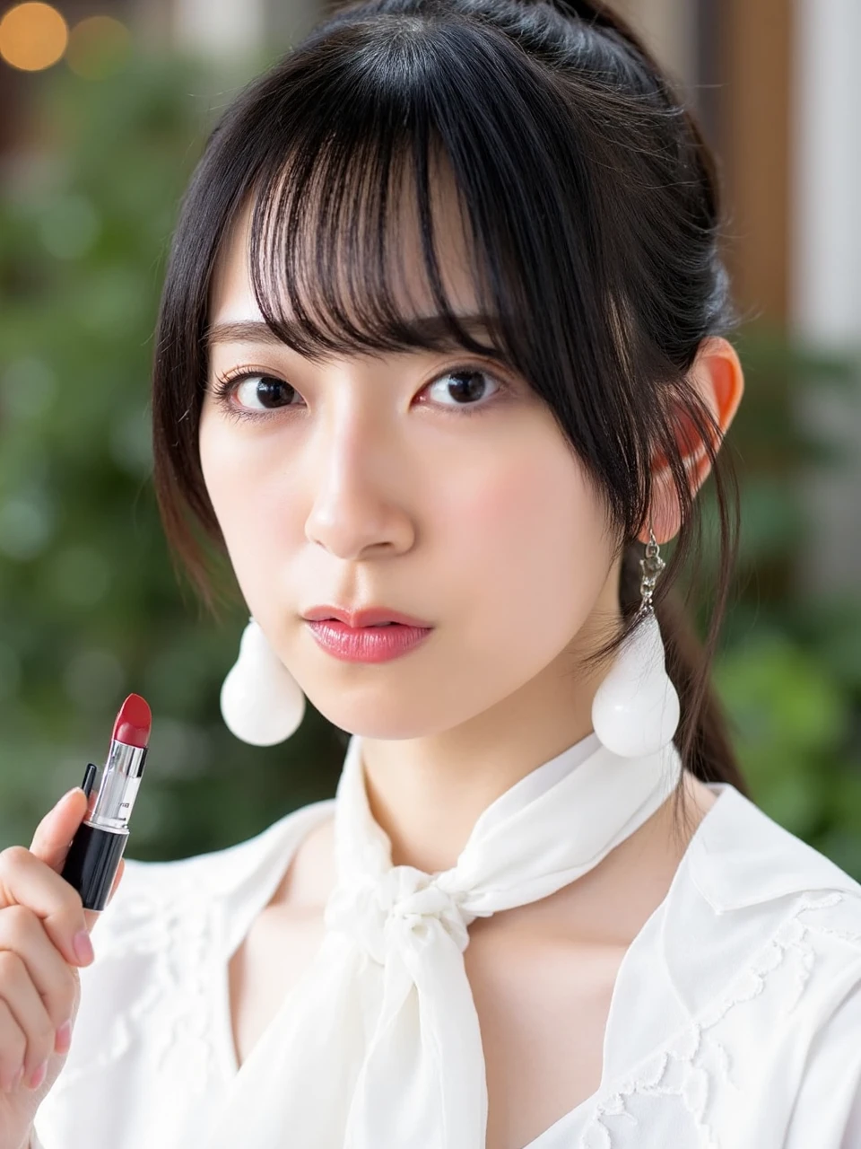 kanemura_miku, The image is a close-up portrait of a young Asian woman with shoulder-length dark hair and bangs. She is wearing a white blouse with a white scarf tied around her neck. She has a pair of large white earrings on her left ear and is holding a red lipstick in her right hand. The woman is looking directly at the camera with a serious expression on her face. The background is blurred, but it appears to be an indoor setting with plants and a building visible.