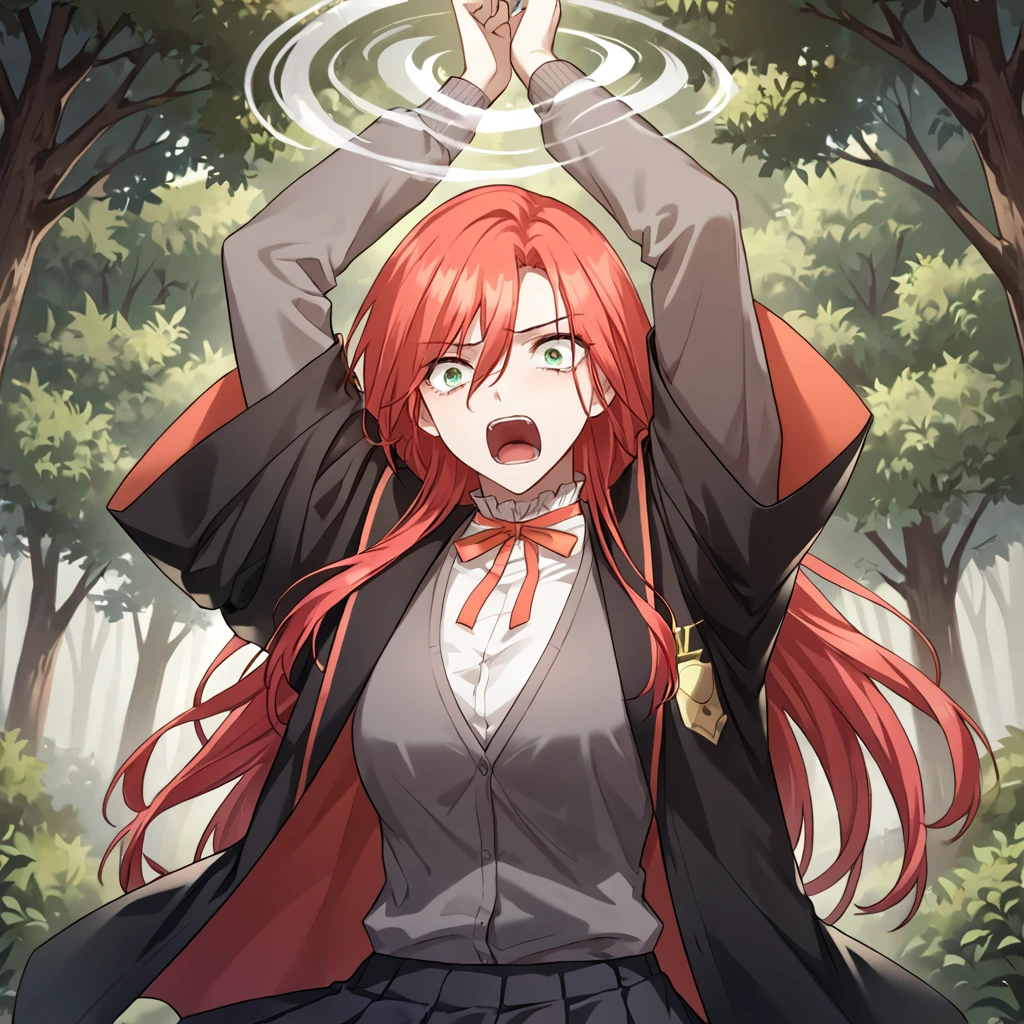 1girl, solo, amy_karmis, green eyes, red hair, long hair, breasts, bangs, hair between eyes, ribbon, neck ribbon, red ribbon, black robe,  white shirt, frilled collar, school uniform, grey vest, grey cardigan, black skirt,
looking at viewer, arms up, bound wrists, (wind magic:1.1), open mouth, scared,
score_9, score_8_up, score_7_up, masterpiece,zPDXL3, outdoors, forest,
<lora:Amy_Karmis:0.7>