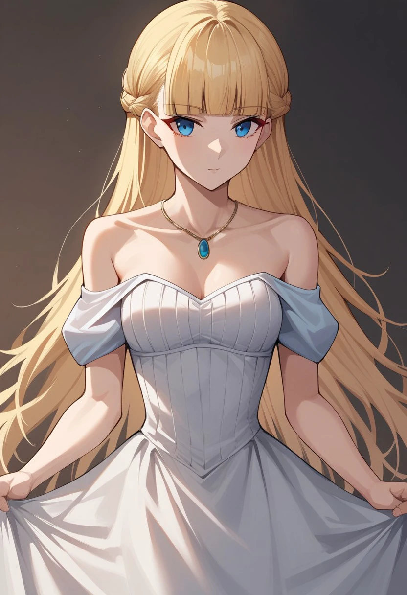 score_9,score_8_up,score_7_up, helena_(kichiku_eiyuu), breasts, long hair, bangs, braid, 1girl, solo, blunt bangs, blonde hair, blue eyes, 
helena_dress, dress, bare shoulders, collarbone, jewelry, off shoulders, necklace