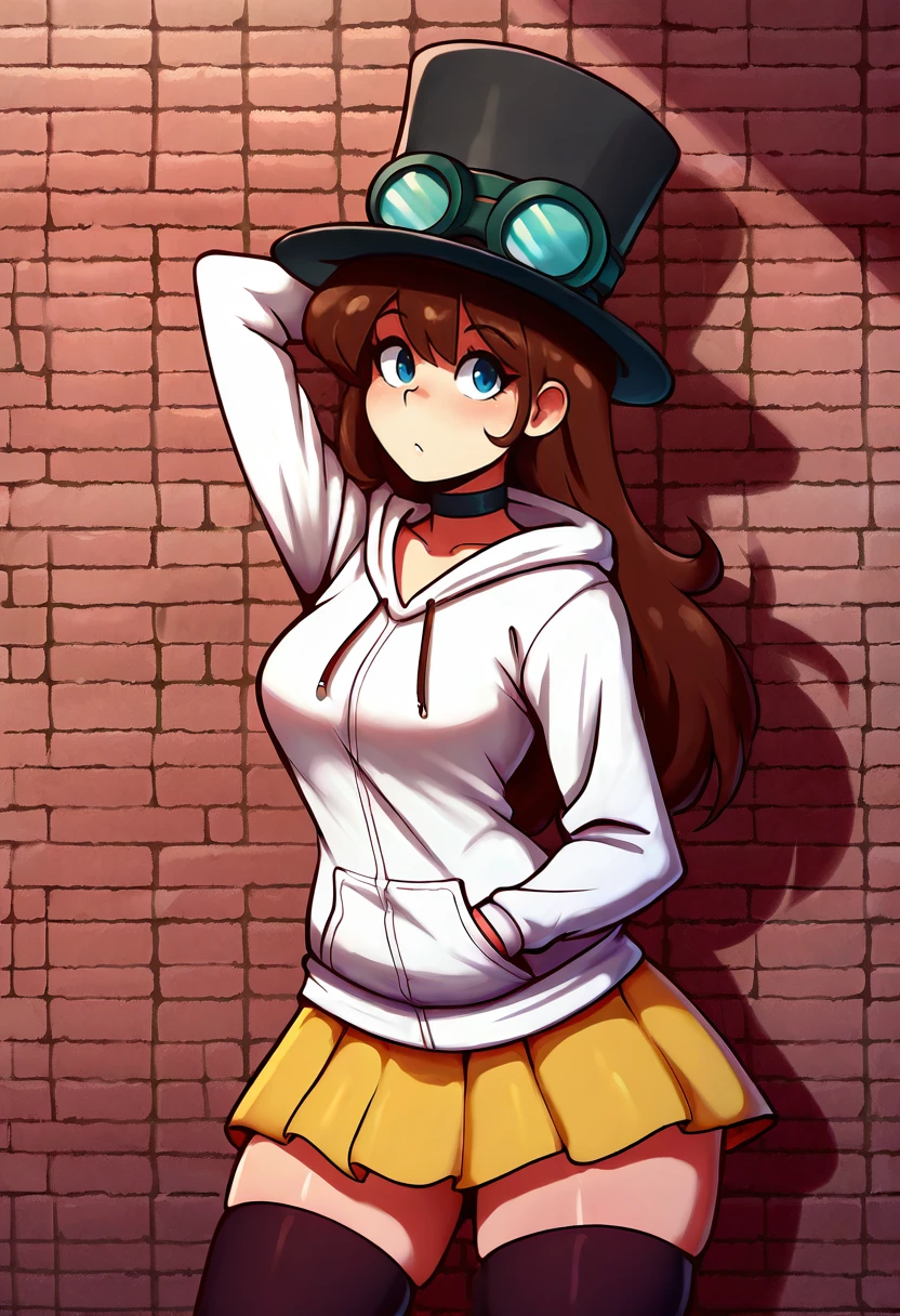 masterpiece, best quality, 1girl, solo,  <lora:NSSteampunkerTerraria:1> NSStpumkerIllu, brown hair, long hair, blue eyes, top hat, goggles on headwear, mature, black choker, white hoodie, yellow skirt, hand in pocket, hand behind head, black thighhighs, brick wall, leaning back