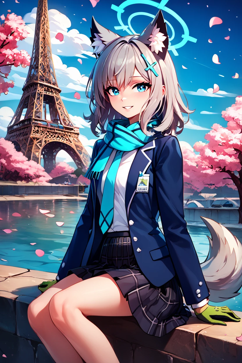 score_9, score_8_up, score_8, medium breasts, (curvy), cute, eyelashes,       BREAK, , ,,,  zzShiroko, blue eyes, animal ears, grey hair, wolf ears, animal ear fluff,  halo, hair ornament, cross hair ornament, mismatched pupils, extra ears, medium hair, blazer, blue scarf, long sleeves, open jacket, pleated skirt, school uniform, solo, blue jacket, blue necktie, hair between eyes, parted lips, plaid skirt, white shirt, black skirt, green gloves, <lora:Shiroko_BlueArchive_PDXL:0.8>,  ,,,  , BREAK, zzEiffelTower in background, sitting, watercraft, boat, sitting on wall, side view, looking at viewer, smile, ,,, BREAK, blooming stars, luminescent petals, otherworldly fragrance blurry background, ,,, embedding:zPDXL, Expressiveh, ,,, <lora:EiffelTowerPDXL:1.0>, <lora:CatalystStylePDXL:0.6>, <lora:SDXLFaeTastic2400:0.5>, <lora:Expressive_H-000001:0.4>,