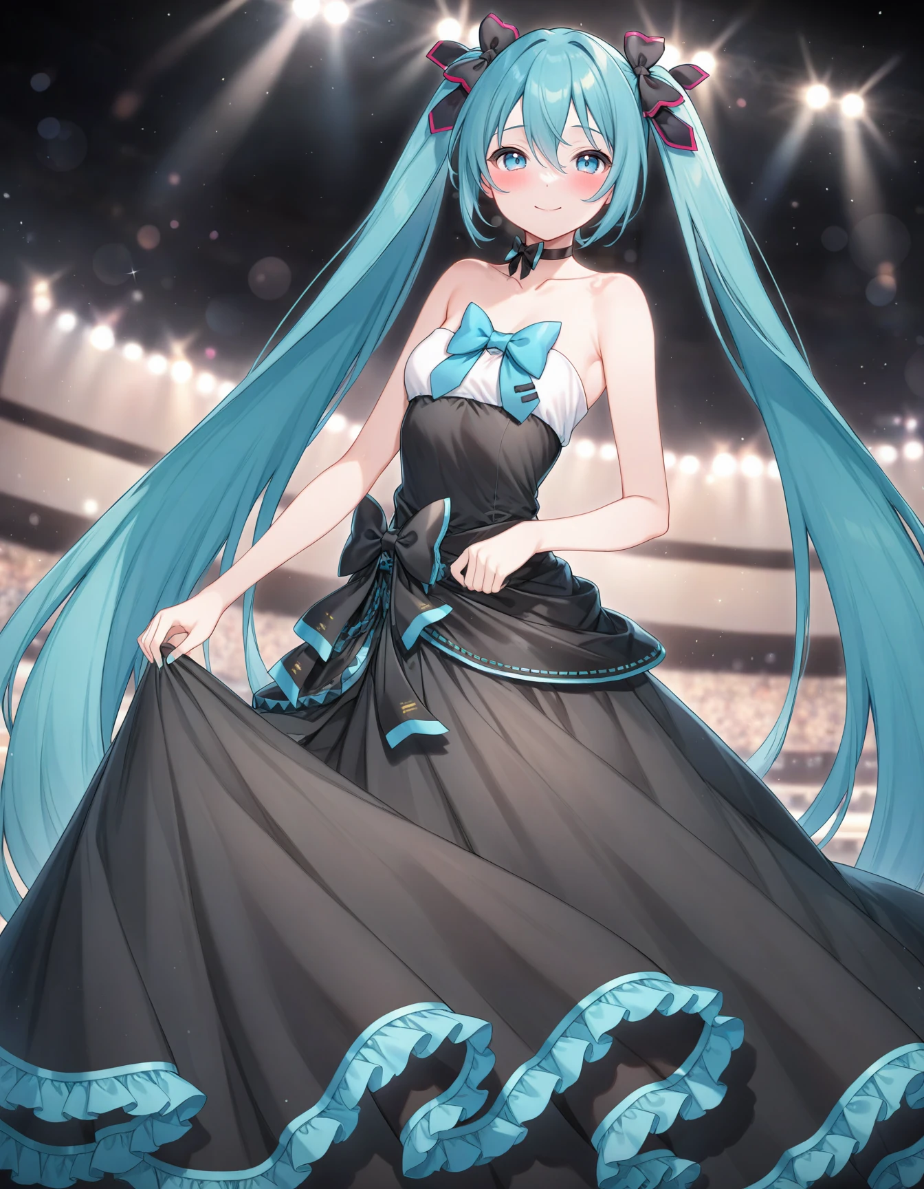 (miyuki \(miyuki0529\):1.1025),(nekonyan:1.1576),
mikusymphony2017, 1girl, hatsune miku, very long hair, blue eyes, hair between eyes, twintails, collarbone, black frilled dress, strapless long dress, bare arms, black bow, black choker, blue bow, 
smile, blush, aroused, cinematic lighting,  dynamic angle,
holding skirt, skirt lift, dress lift, looking at viewer, from below,
burry background, bokeh,
indoor, concert hall, concert,
masterpiece, best quality, amazing quality, very aesthetic, absurdres,
 <lora:Fixhands_anime_bdsqlsz_V1:1>  <lora:mikusymphony2017_anynoob10_B:0.8>,