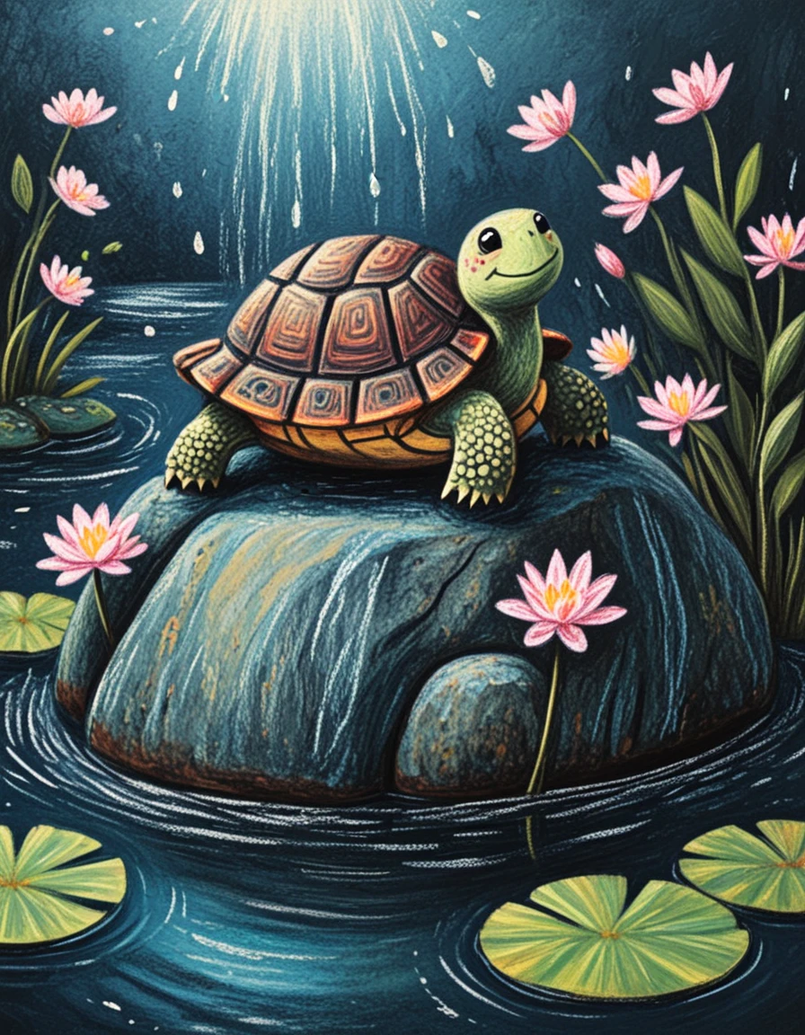 novuschroma style turtle on a rock, water lilies <lora:013_novuschromaSXL_b3:1>