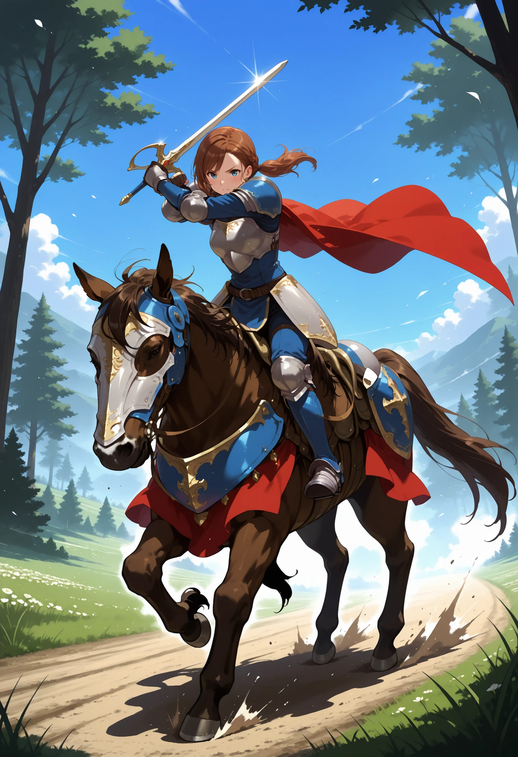 masterpiece,best quality,super detailed,extreme detailed,full_body BREAK nature,field,
BREAK 1girl,Cavalier,armor,cape,gloves,horse,horseback riding,holding sword,<lora:cavaliar-IL:1>,fighting stance,charging forward,