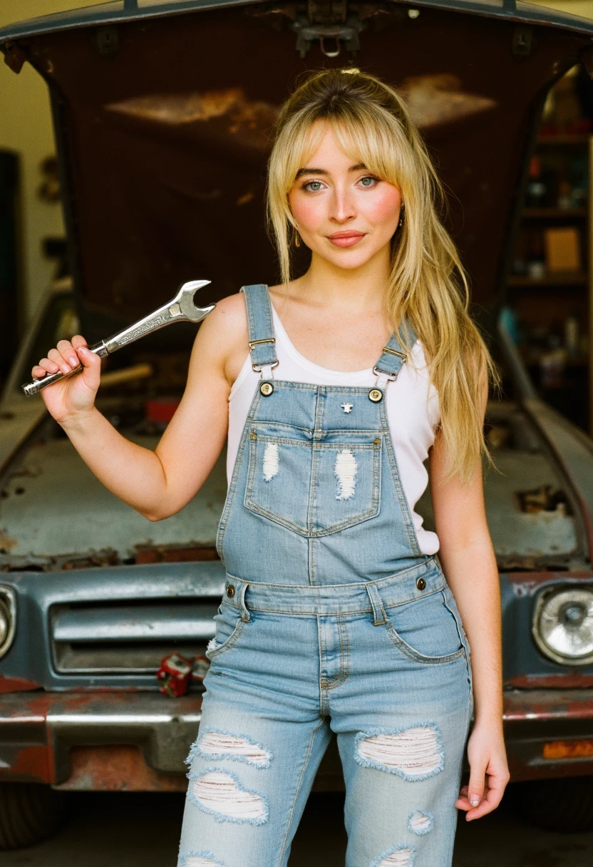 {    "T5": "A photo of Sabrina Carpenter, dressed in a pair of distressed denim overalls and a fitted white tank top, with a few streaks of grease on her cheeks and forehead, posing in front of a rusty old car with its hood up, looking confident and capabl...