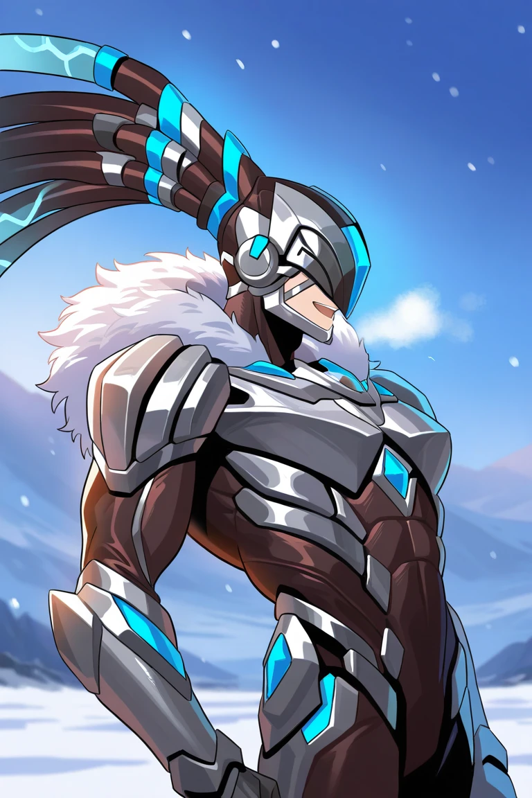 day, natural lighting, winter theme, snow, snowing, snowflakes, mountain, breath, cyborg male focus, leaning back, looking away, smiling, expressive face, AlphaML, brown-blue_AlphaML_high ponytail, helmet, open mouth, winter clothes, fur trim, 1cyborg male, blurry outdoors, scenery, from side, from below, intricately detailed illustration, masterpiece,best quality,amazing quality,very aesthetic,absurdres,newest