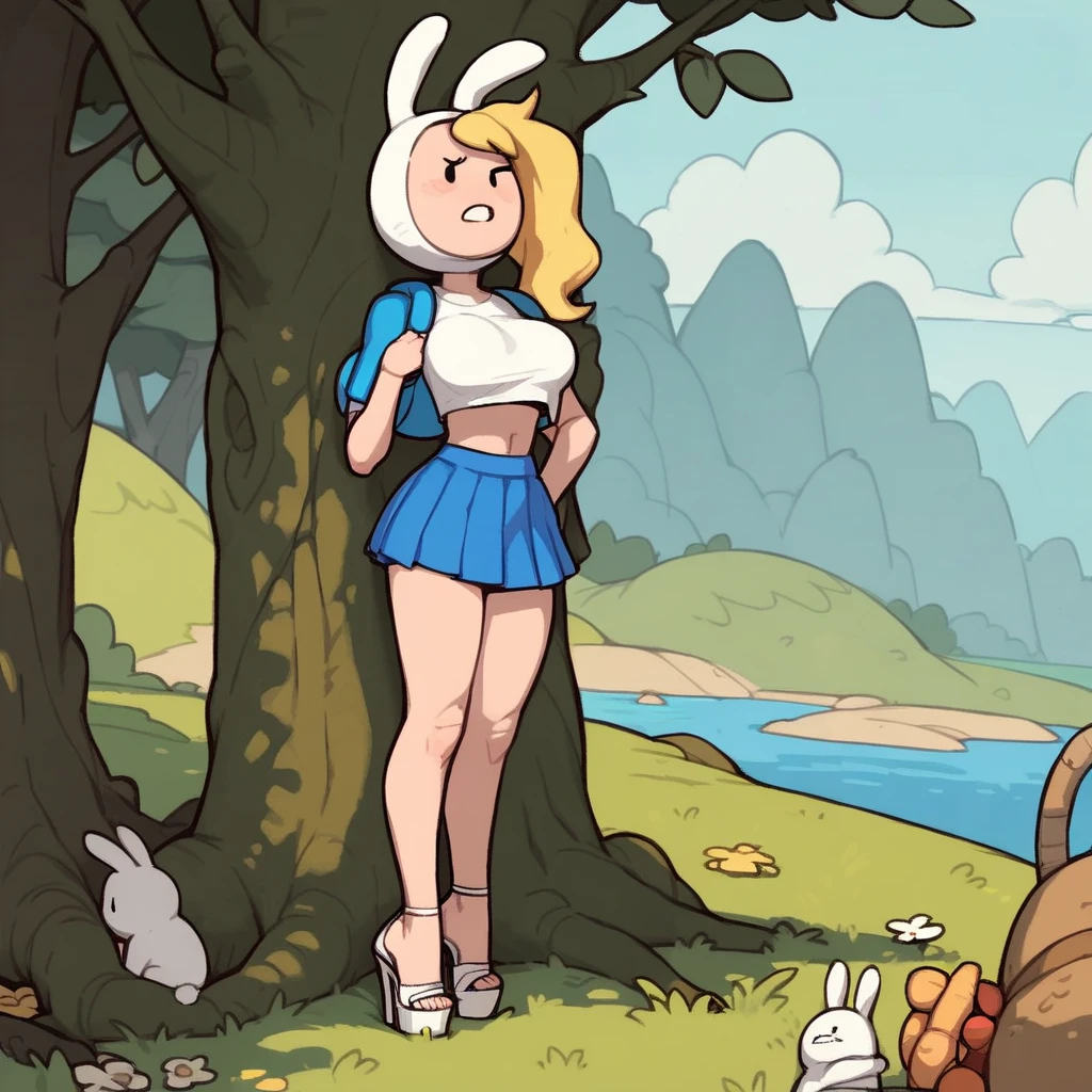 score_9, score_8_up, score_7_up, score_6_up, score_5_up, 1girl, full body, solo,
(source_cartoon),
<lora:Fionna (Adventure Time) - Misplaced Lines Style:0.9> Fionna_Misplaced_Lines, blonde hair, dot eyes, rabbit ear hat, white skin, rabbit hood, animal hood, hood,
crop top, miniskirt, pleated skirt, high heels,
large breasts, <lora:nagatiti:0.9> nagatiti,
outdoors,
<lora:Expressive_H:0.7> Expressiveh,
<lora:add-detail-xl:0.9>