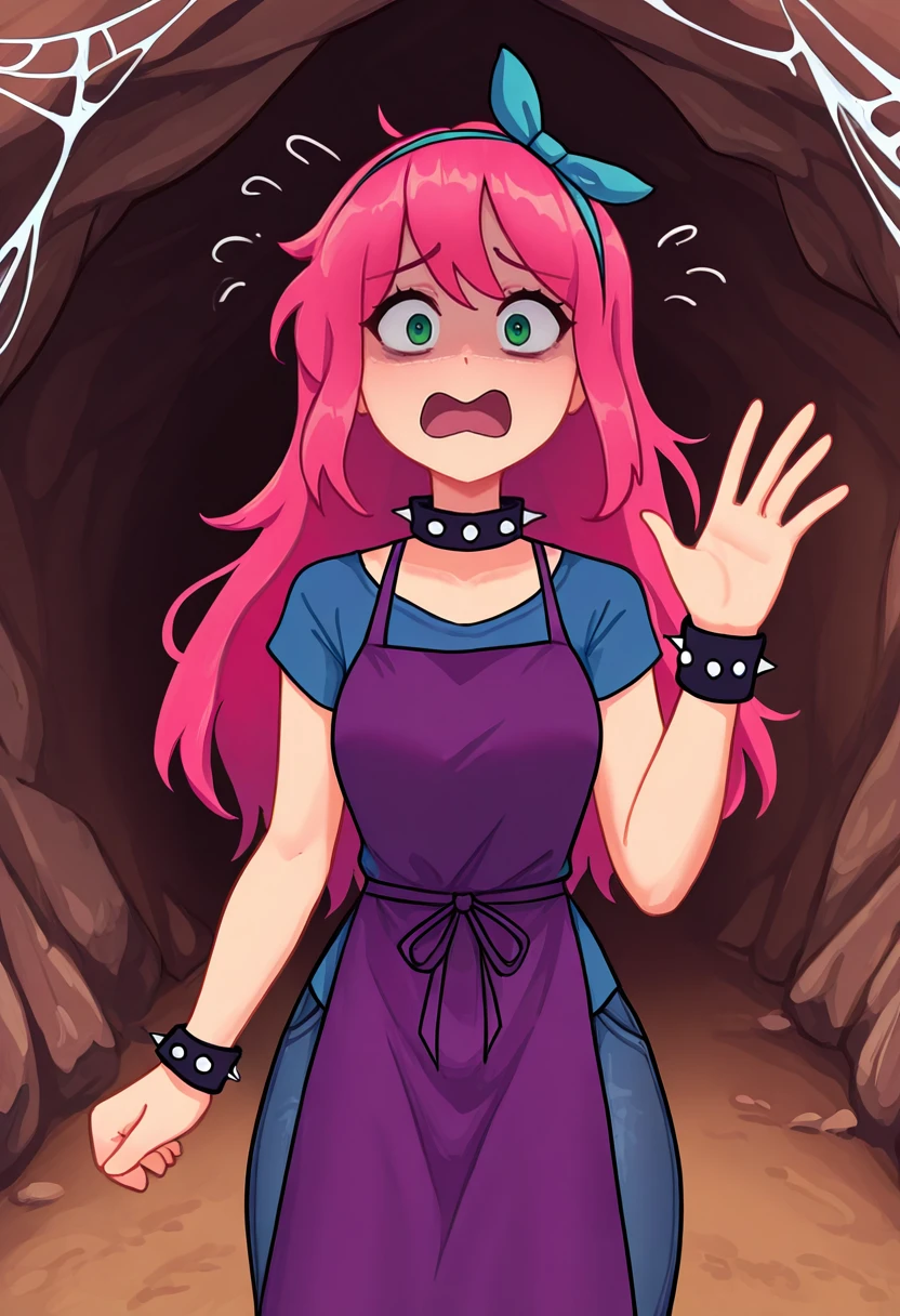 masterpiece, best quality, 1girl, solo, <lora:NSStylistTerraria:1> NSStylistTerrariaIllu, pink hair, long hair, green eyes, blue shirt, purple apron, jeans, spiked collar, spiked wristband, hairband, hair bow, waving, looking at the viewer, shivering, scared, open mouth, spider web, cave