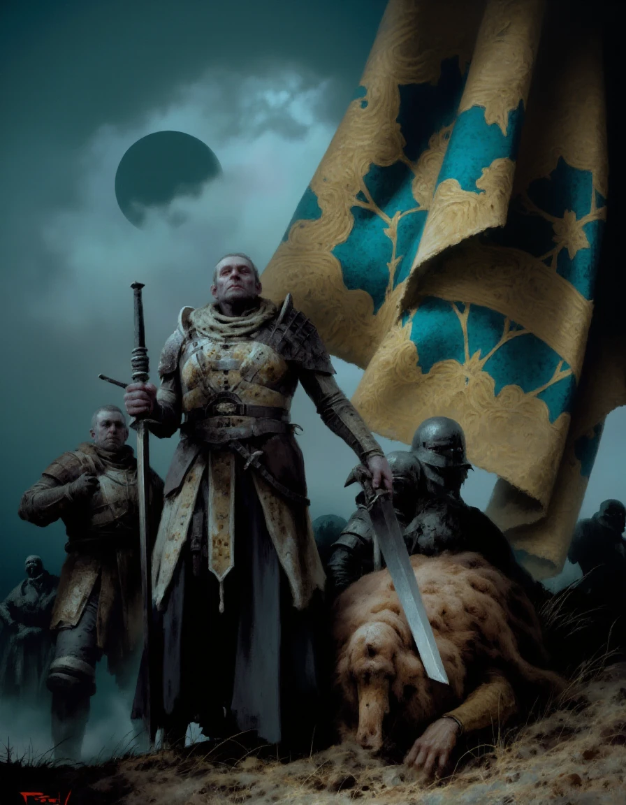 Dark Moody Atmosphere, Medievalism, facing each other, the Shattered Moon army and the Spirit army, on the ultimate battlefield for Spice, features monumental vistas and a brooding mood. gold and cyan colors, perfect composition, <lora:A_Dismal_Style:1> dismal, digital painting, concept, inspired by The Middle Ages, medieval art, elaborate patterns and decoration, Medievalism, dramatic, mysterious, dark moody atmosphere