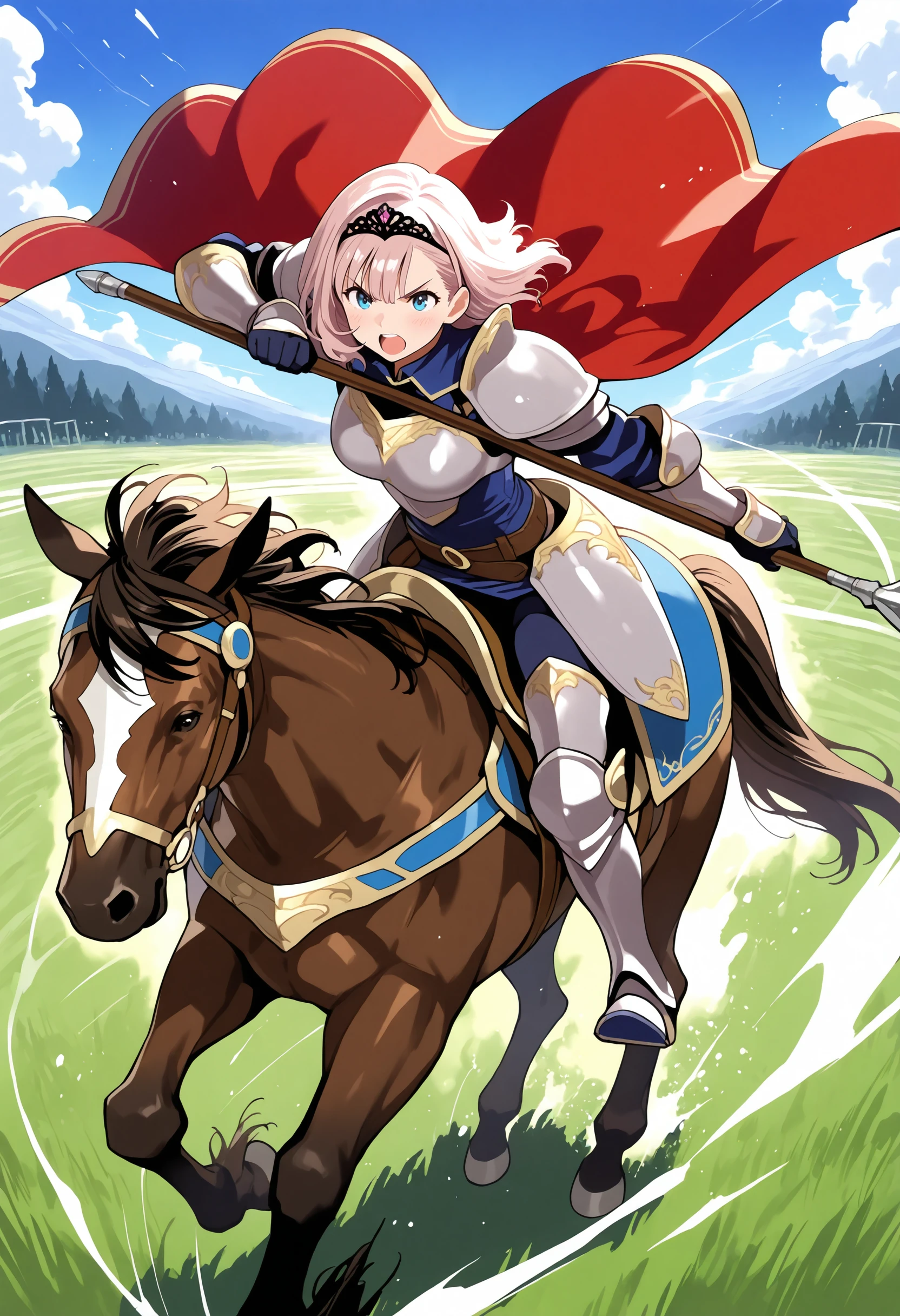 masterpiece,best quality,super detailed,extreme detailed,full_body BREAK nature,field,
BREAK 1girl,Cavalier,armor,cape,gloves,horse,horseback riding,holding spear,<lora:cavaliar-IL:1>,fighting stance,charging forward,open mouth,incoming attack,