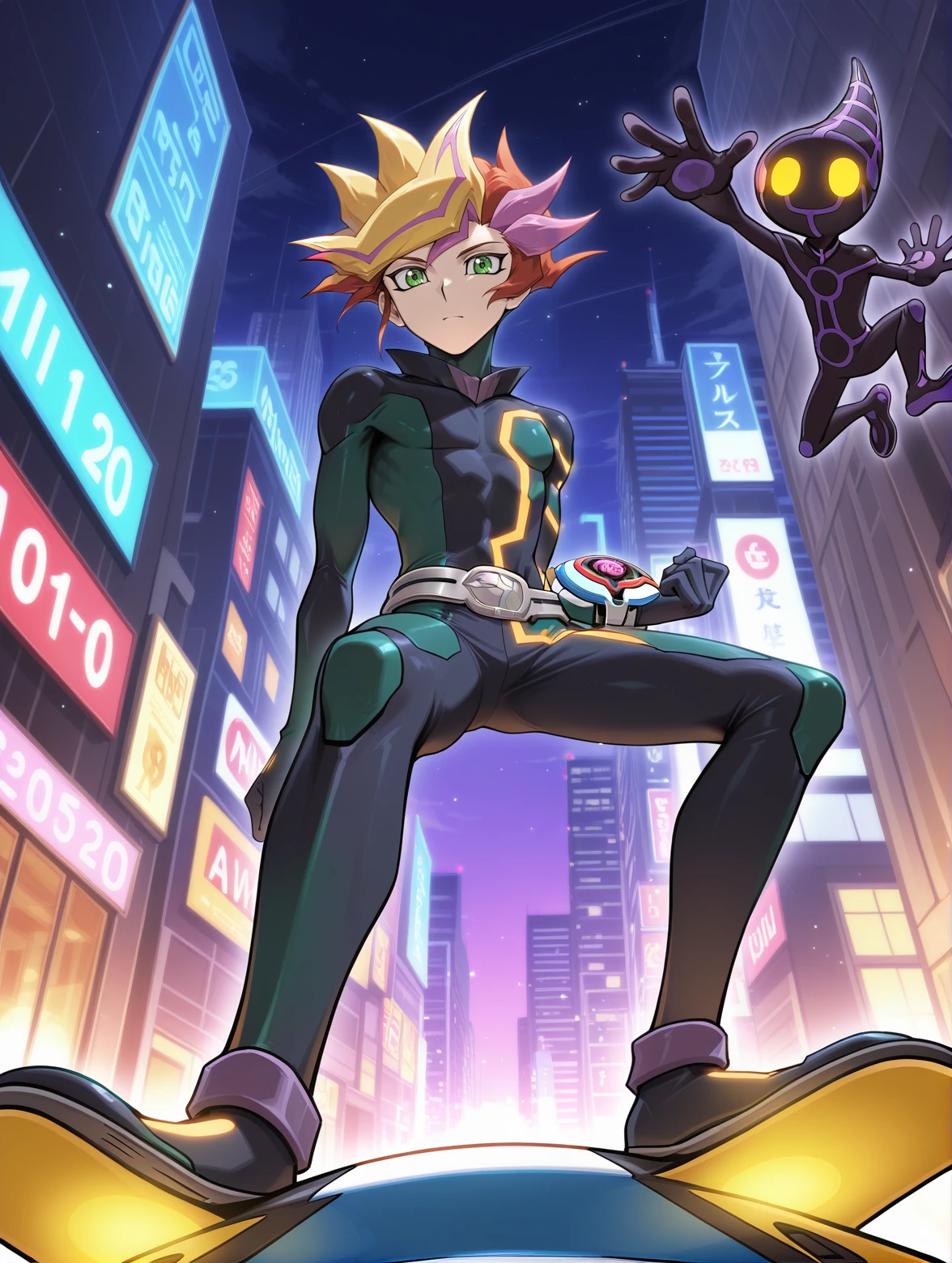 playmaker \(yu-gi-oh!\),2boys,male focus,solo,sketch,looking at viewer,closed mouth,belt,full body,duel disk,black bodysuit,high collar,riding,city,skateboard,solo,ai \(yu-gi-oh!\),yellow sclera,miniboy,from below,
masterpiece,best quality,amazing quality,very aesthetic,absurdres,newest,
<lora:Playmaker, Accesscode, Decode Talker & Firewall Dragon illuXL v1.1:0.8>,