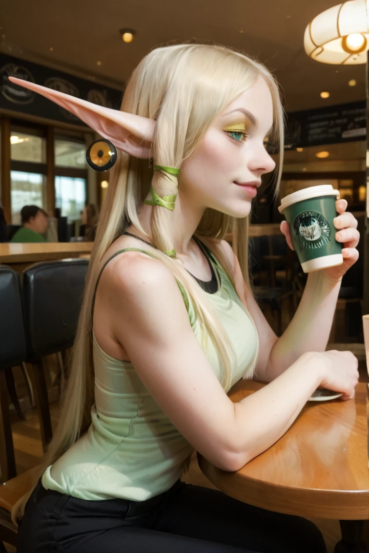 score_9, score_8_up, score_7_up, prefect lighting, very aesthetic, BREAK, Cra, 1girl, female, blonde, sleek hair, long hair, elf ears, pale skin, green eyes, green and yellow earrings, circular earrings, casual clothes, green shirt, black pants, indoors, cafe, looking at viewer, smug face, dynamic pose, floating shoulder pads, official art, sitting, elbow on table, holding a coffee cup, real skin, realistic skin