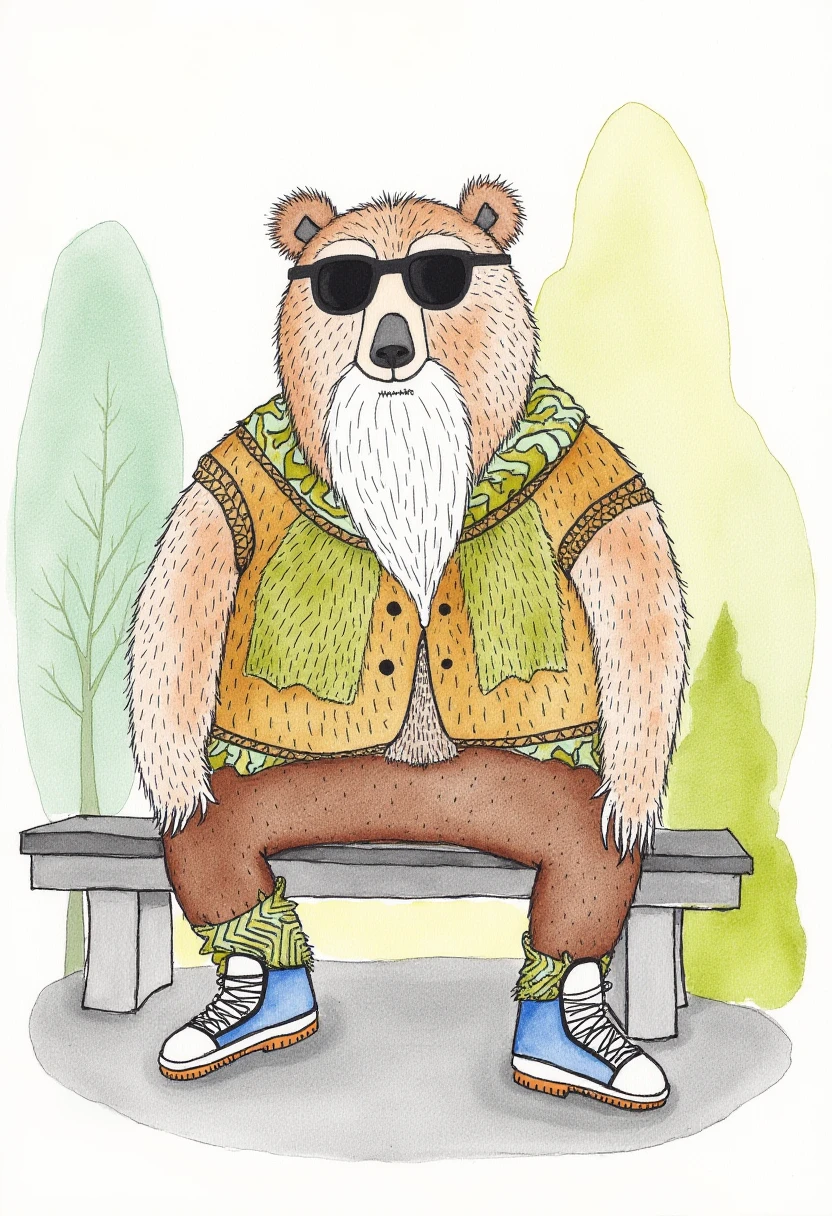 watercolor and felt pen drawing, colored background, margeougreve, A druid and his bear are waiting for the bus on a New York avenue. The druid is wearing animal skin clothing, sunglasses and sneakers, he has a long, shaggy beard, he is sitting on a bench, his legs apart. The bear is standing, much taller than his master.