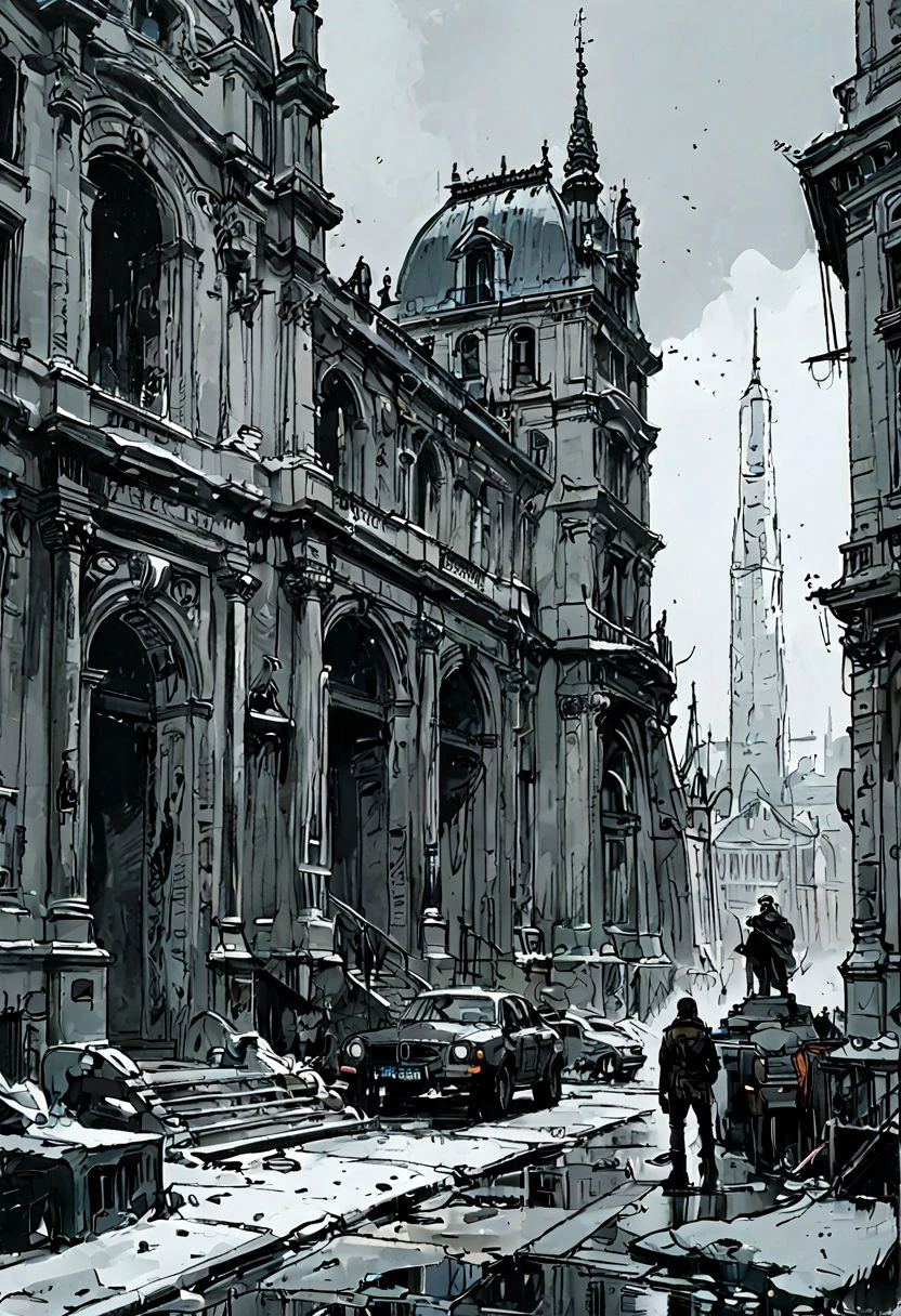 style by Jim Lee, Moebius, black and white illustration, dark night in lowkey, black sky, cinematic ground view of 2077 landscape of a frozen futuristic Paris, haussman architecture, Grand Palais, Le Louvre, Notre Dame,  post apocalyptic city, great composition, rules of third, organic city , (ultra realistic:1.2), bold lines, comics lineart, inked comics style,  concept art, crossing hatch, sketch, heavy inking, hard contrast, grungy white and black,two tones, black background <lora:_CHY_Vaporette_v01:-1.12>