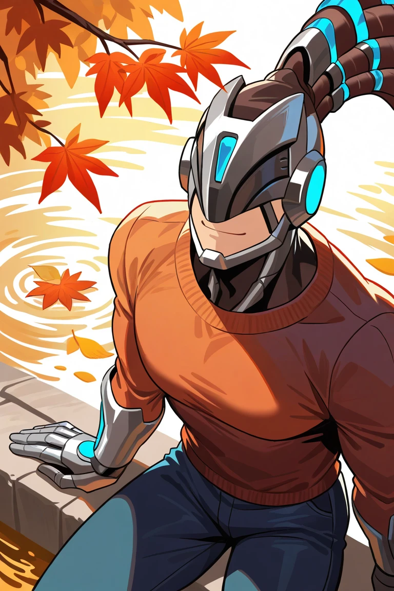 day, natural lighting, autumn theme, autumn leaf, leaves, water, water ripple, cyborg male focus, solo, looking up at viewer, sitting, smiling, happy, expressive face, AlphaML, brown-blue_AlphaML_high ponytail, helmet, closed mouth, autumn clothes, sweater, pants, manly, 1cyborg male, blurry outdoors, from above, dutch angle, intricately detailed illustration, masterpiece,best quality,amazing quality,very aesthetic,absurdres,newest