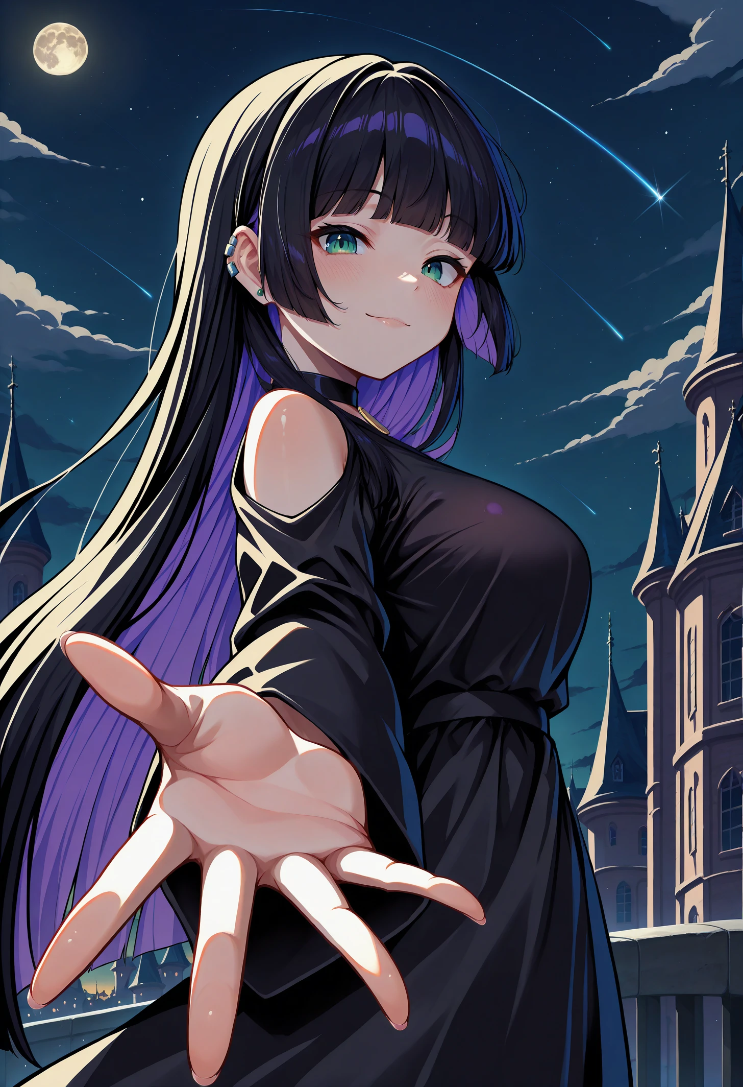 masterpiece, best quality, 1girl, pa-san, green eyes, purple colored inner hair, medium breasts, ear piercing, hime cut, choker, black dress, long dress, shoulder cutout, sleeves, cloud, moon, full moon, Hogwarts, castle hill, night sky, street, shooting star, looking at viewer, blush, light smile, closed mouth, (mature female:0.65), foreshortening, dynamic pose, reaching towards viewer, upper body, from side,