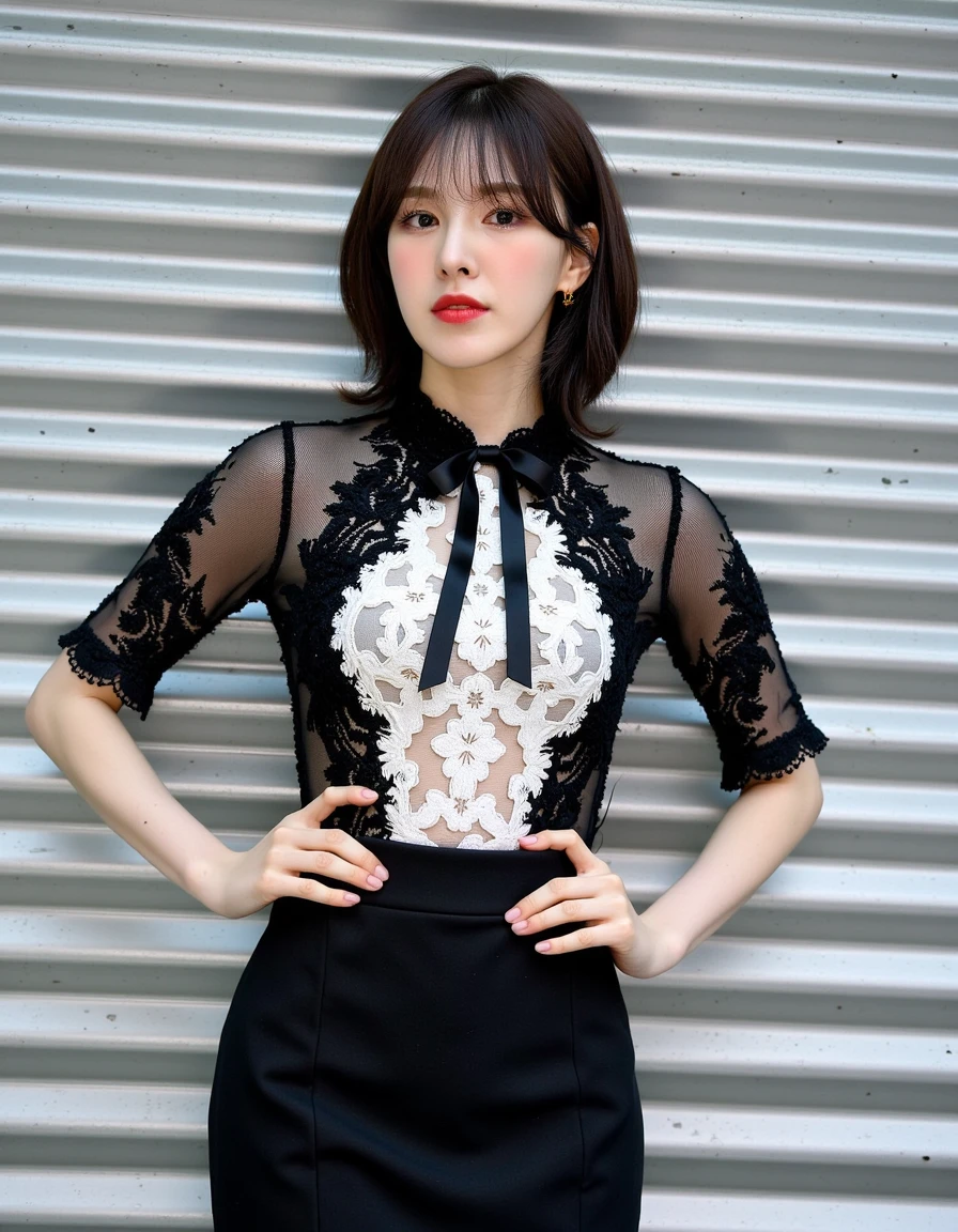 This is a photograph of an Asian woman standing against a backdrop of horizontal metal panels, possibly a garage door. She has a fair complexion and straight, dark hair styled in a side part with bangs. Her facial features include large, almond-shaped eyes, a slender nose, and full, slightly parted lips painted a deep red. She is wearing a form-fitting, black lace top with short, sheer sleeves that feature intricate floral patterns. The lace top has a white lace panel in the center, creating a striking contrast. A black ribbon tie is fastened at the neckline, adding a touch of elegance. Her outfit is complemented by a high-waisted, black pencil skirt that accentuates her slim figure. The skirt is made of a smooth, matte fabric that contrasts with the delicate lace of her top. She stands with her hands resting on her hips, exuding confidence and poise. The lighting is soft but adequate, highlighting her features and the textures of her clothing. The background's metallic surface is evenly lit, adding to the overall clean and modern aesthetic of the photograph. The overall mood of the image is chic and sophisticated.  <lora:wendy_neurocanvas_v1:1>