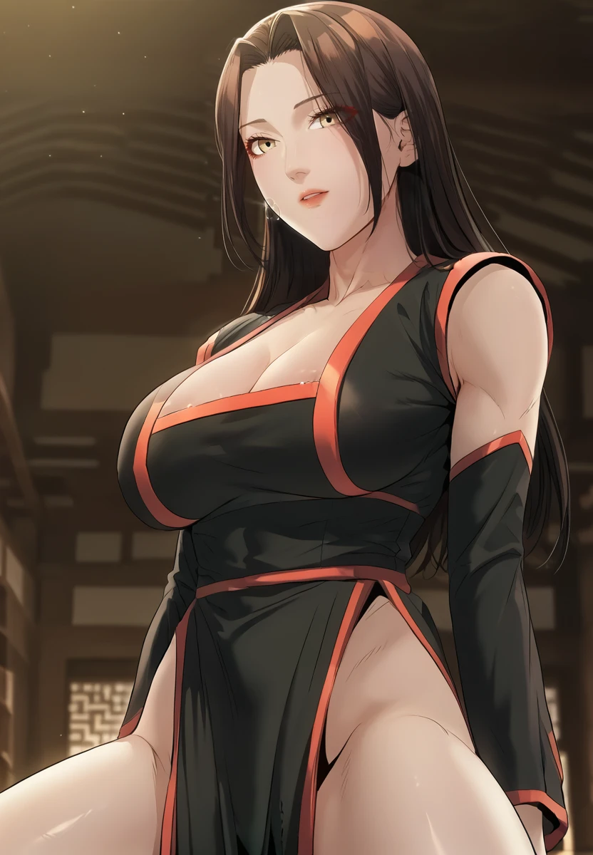 zPDXL3, score_9_up, score_8_up, score_7_up, (Anime_source),Masterpiece,(perfect female body:1.2), small waist,(incredibly detailed:1.4), slim, beautiful fingers, beautiful white skin, Beautiful clear skin, (big breasts:1.2) (thick thighs:1.2), parted lips, chinese house, cowboy shot, looking at viewer, big breasts, large breasts,  <lora:Heuk_Ryeon_-_The_Lustful_Demon_is_the_King_of_Demons-PONY-Kaleid:1> heuk ryeon, 1girl, brown hair, yellow eyes, long hair, parted bangs, (toned:1.3) facing viewer, spread legs, pelvic curtain, black sleeves