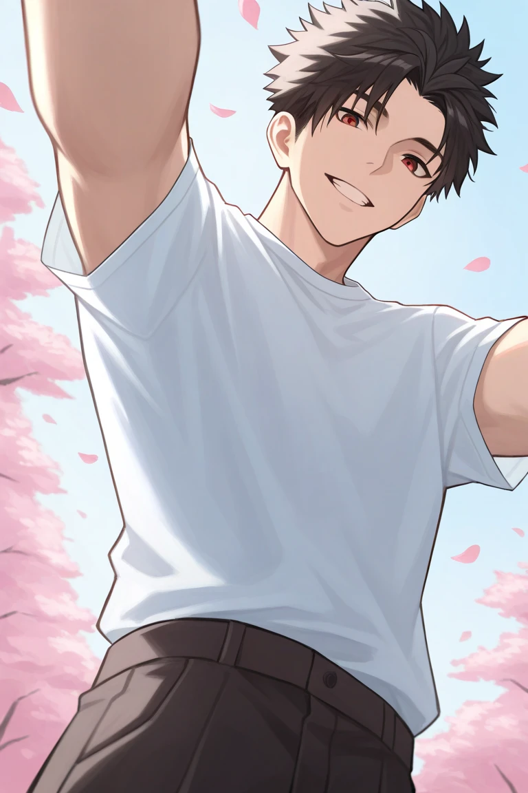 day, natural lighting, spring theme, flowers, petals, male focus, selfie, outstretched arms, looking down at viewer, expressive face, HayabusaML, red_HayabusaML_eyes, black_HayabusaML_spiked hair, 1boy, blurry outdoors, from below, dutch angle, intricately detailed illustration, masterpiece, best quality, amazing quality, very aesthetic, absurdres, newest