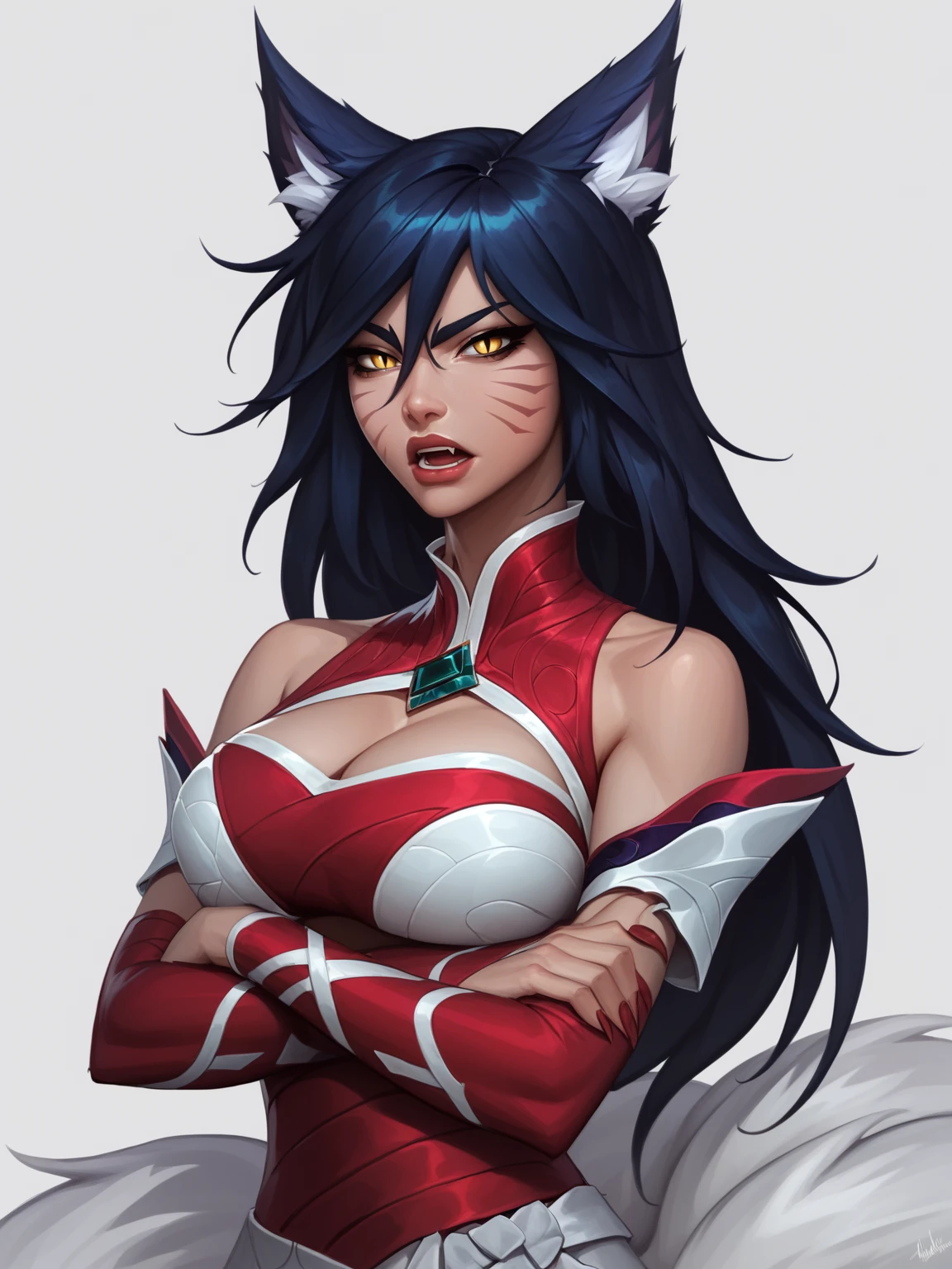 score_9, score_8_up, score_7_up, rating_questionable
best aesthetic, High-Res, Masterpiece, High Quality,
1girl, solo, big breasts, dimlight, upper body,
1girl, ahri_rk, animal ears, fox ears, facial mark, black hair, long hair, yellow eyes, tail, whisker markings, slit pupils, looking at viewer, crossed arms,
<lora:Ahri_Ruined_KingLeague_of_Legends:0.7>
<lora:tsundere-ponyxl-lora-nochekaiser:0.85> tsundere, solo, open mouth